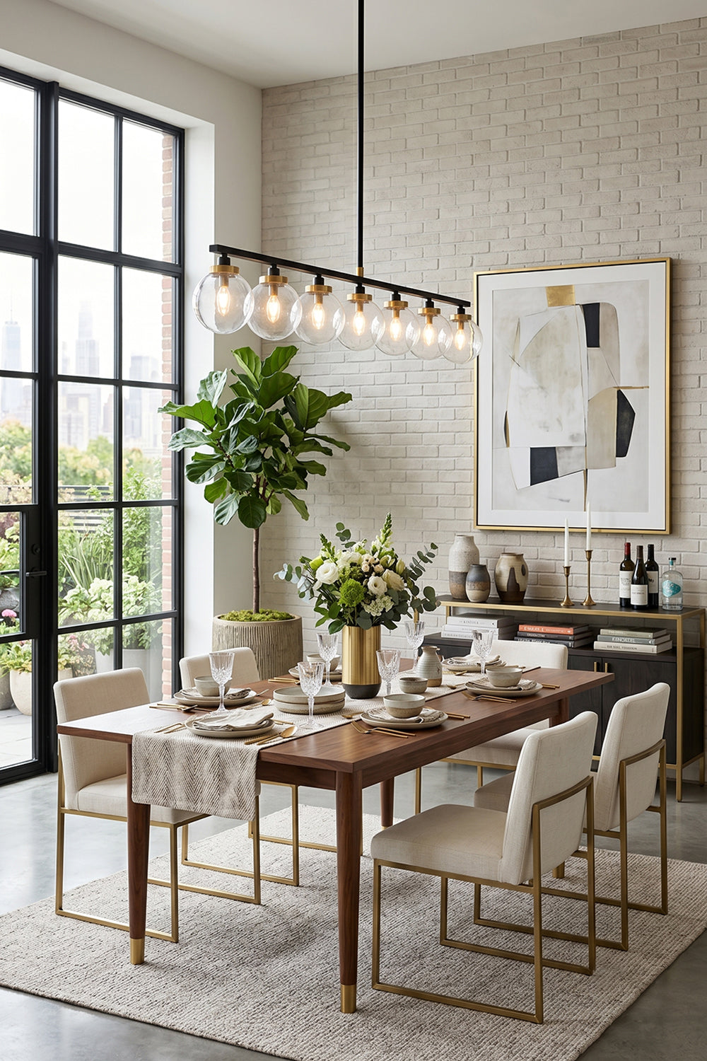 Brooks Linear Glass Globe Chandelier | Glass, Metal | Providing warm ambient overhead lighting above a long wooden dining table with cream upholstered chairs in a bright loft dining space | Samu Lamp