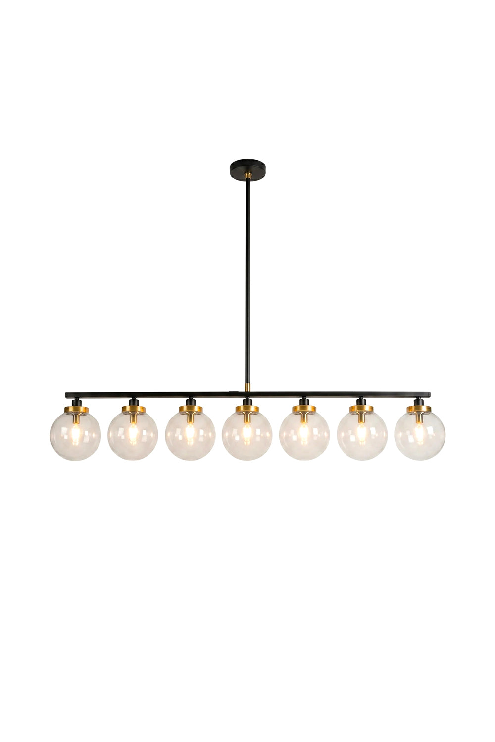 Brooks Linear Glass Globe Chandelier | Glass, Metal | Isolated unlit view of a modern industrial 7-light linear chandelier featuring clear glass globes, gold brass sockets, and a sleek matte black bar | White background | Samu Lamp