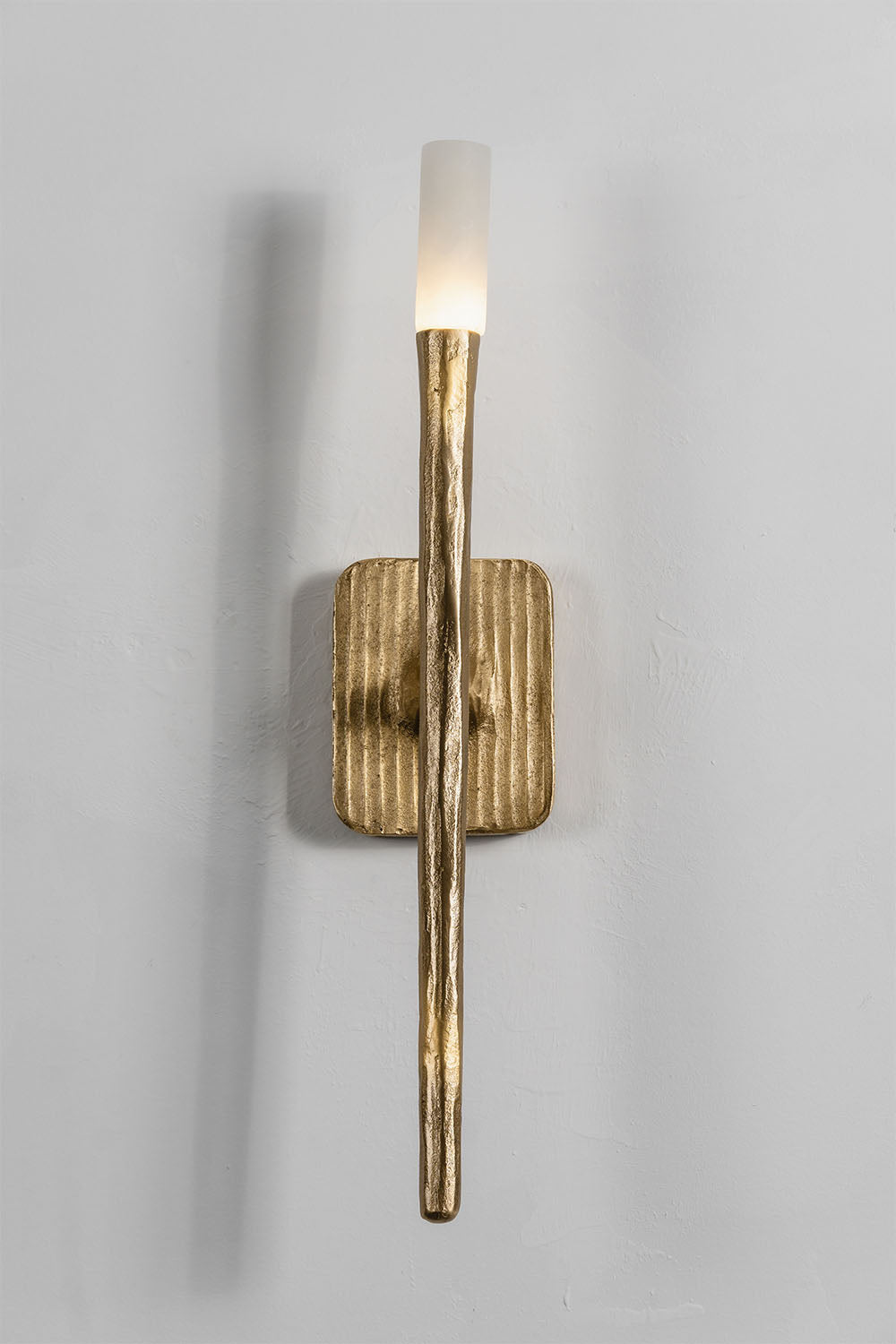 Bryony Torch Alabaster Brass Wall Lamp elegantly designed with a textured gold finish and soft light fixture.