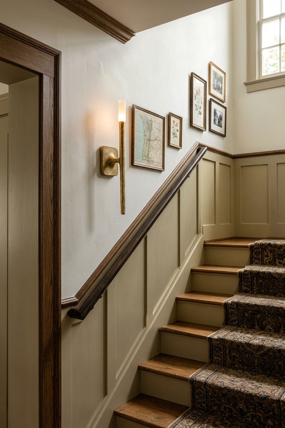Bryony Torch Alabaster Brass Wall Lamp illuminating a staircase with framed artwork on the wall.