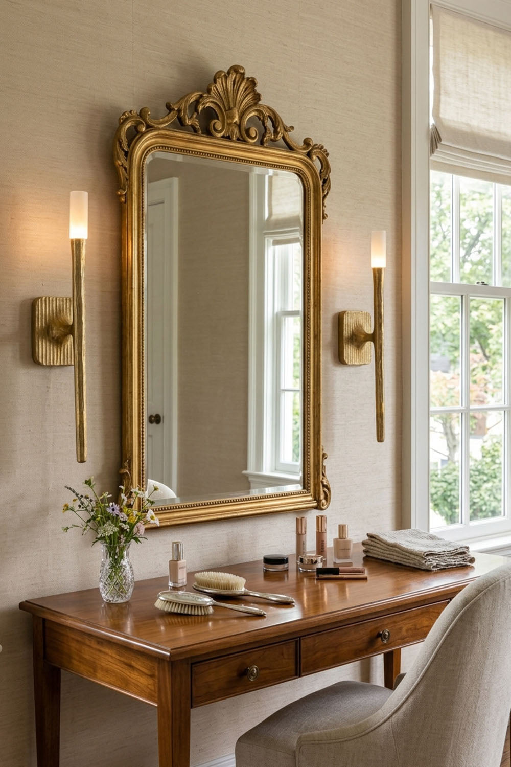 Bryony Torch Alabaster Brass Wall Lamp flanking a decorative mirror in an elegant vanity setting.