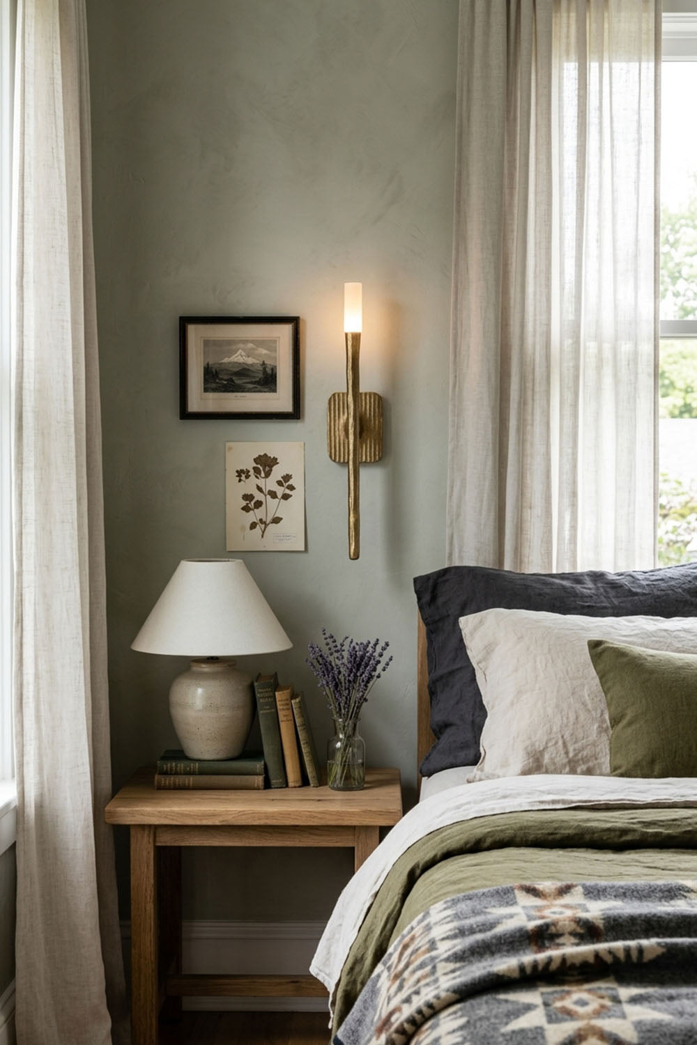 Bryony Torch Alabaster Brass Wall Lamp illuminating a cozy bedroom with natural decor and soft lighting.