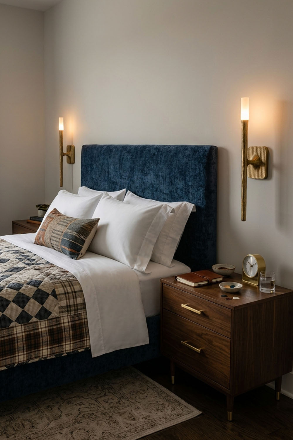 Bryony Torch Alabaster Brass Wall Lamp elegantly illuminating a cozy bedroom with a plush headboard and stylish decor.
