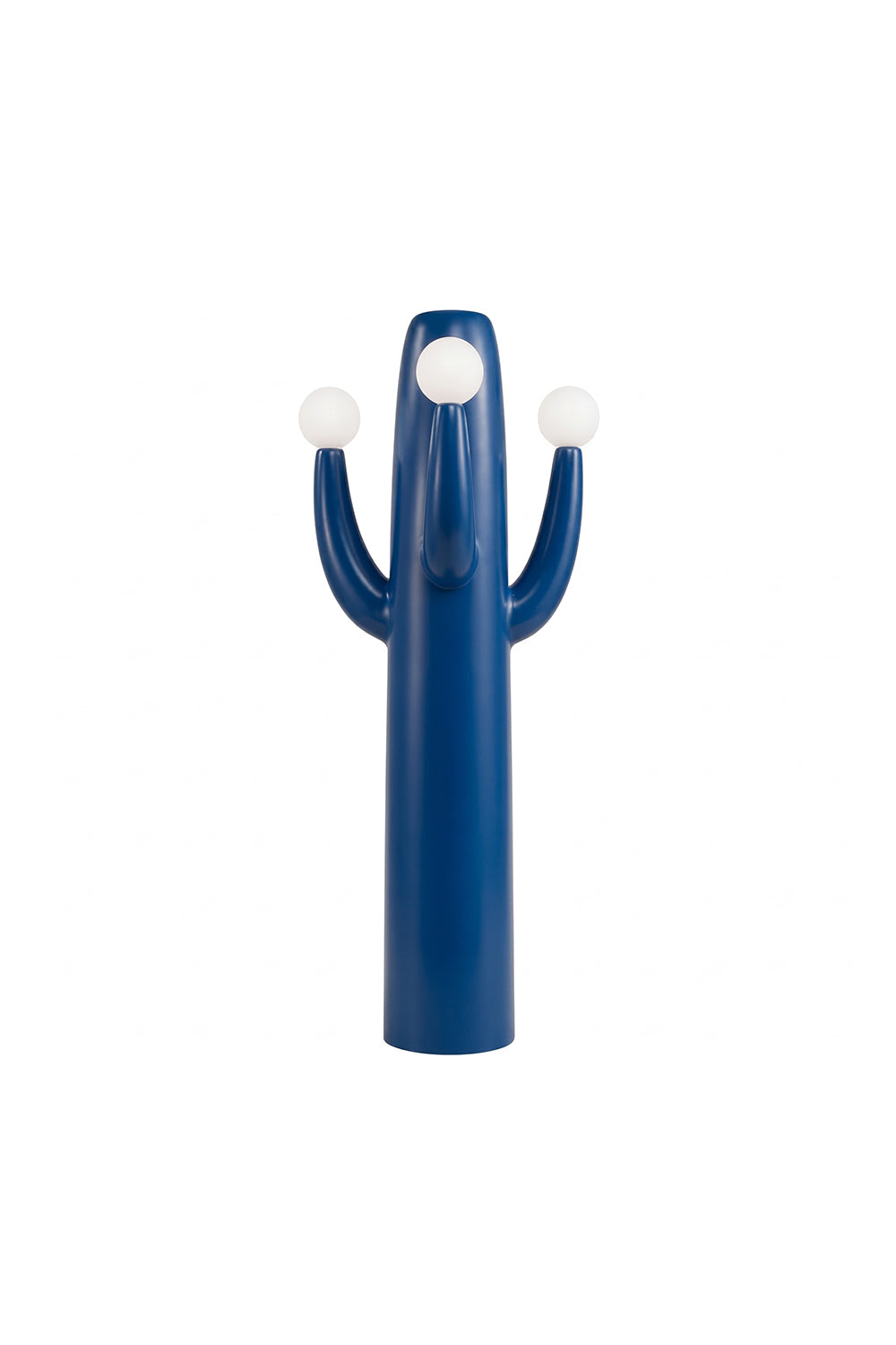A blue, smooth-bodied three-bulb Cactus Luma Totem Floor Lamp, crafted from FRP material, isolated on a pure white studio background. (Samu Lamp)