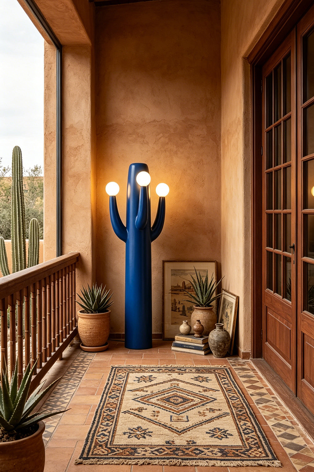 The illuminated floor lamp standing on a balcony next to an open doorway, with potted cacti and other plants, against an Adobe-colored wall and ornate rug.
