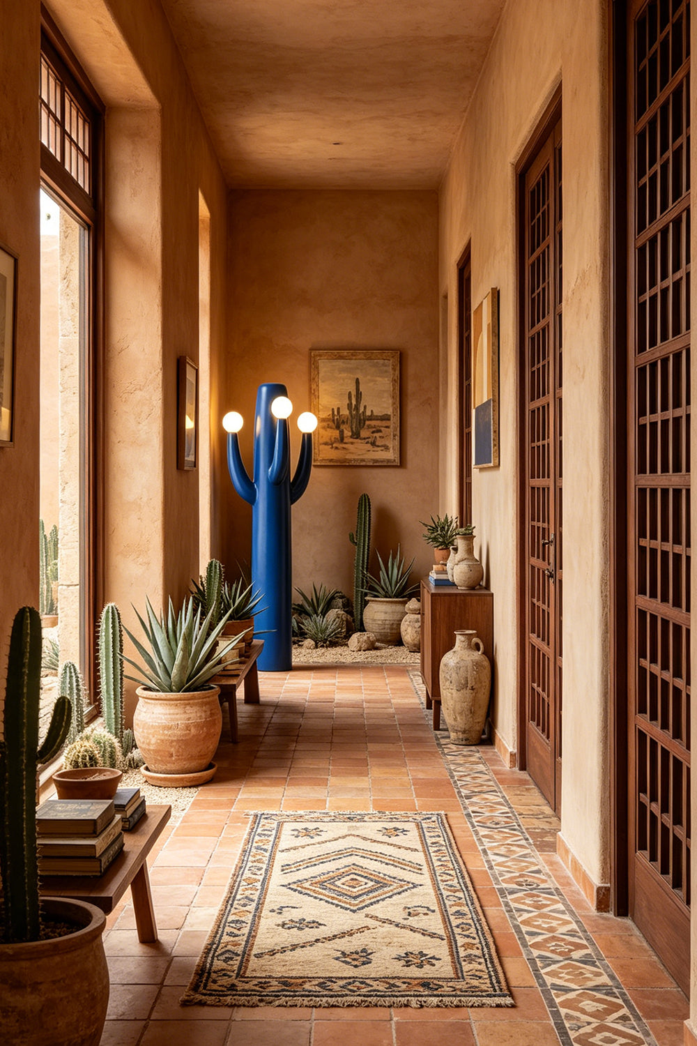 A wider perspective of a detailed Southwestern living room interior with woven furniture and Adobe walls, with the blue lit lamp as a central decorative light.