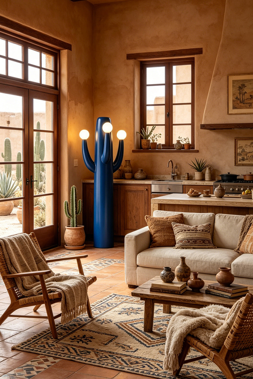 A Southwestern-style living room scene showing the lit Cactus Luma Totem Floor Lamp standing near a wooden armchair and window, casting a warm glow.