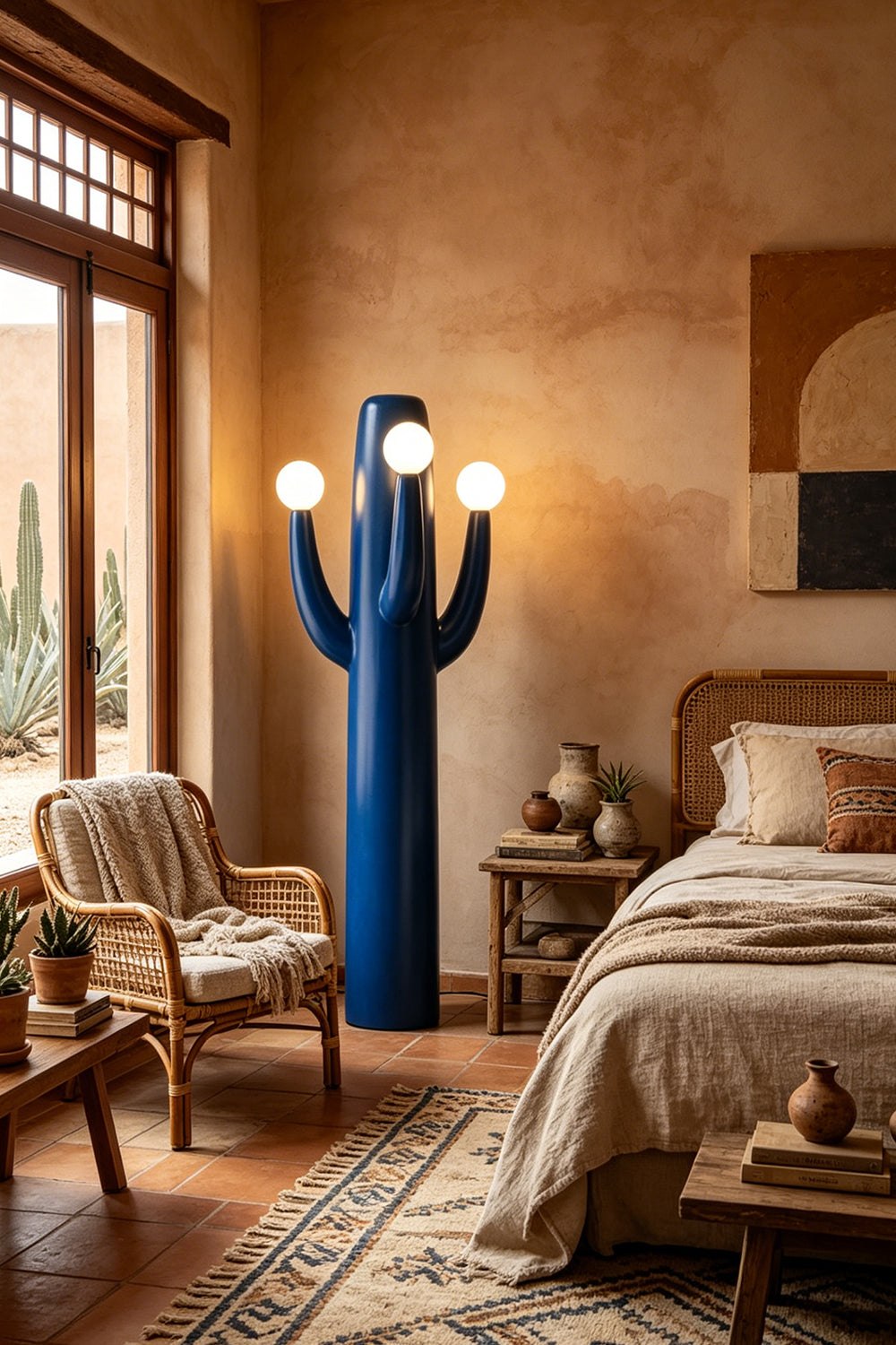 The blue, lit Cactus Luma Totem Floor Lamp placed in a cozy, rustic Southwestern-style bedroom corner, next to a bed with a patterned rug on the floor.