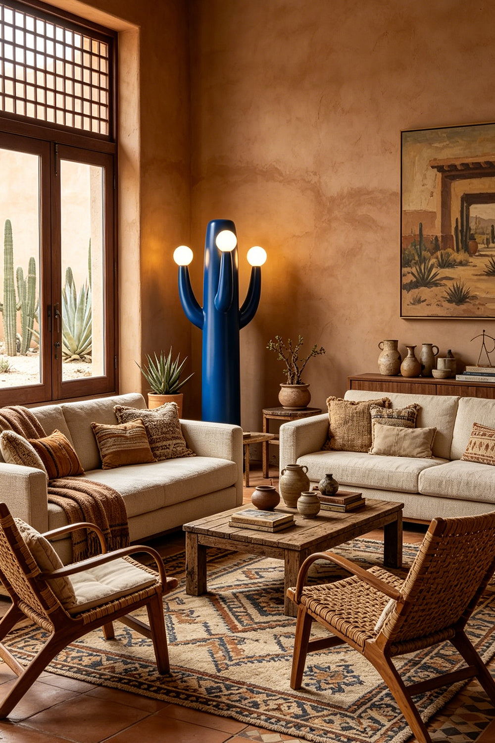 The blue Cactus Luma Totem Floor Lamp placed on an entryway sideboard, lit and providing welcoming accent light next to decorative pottery.