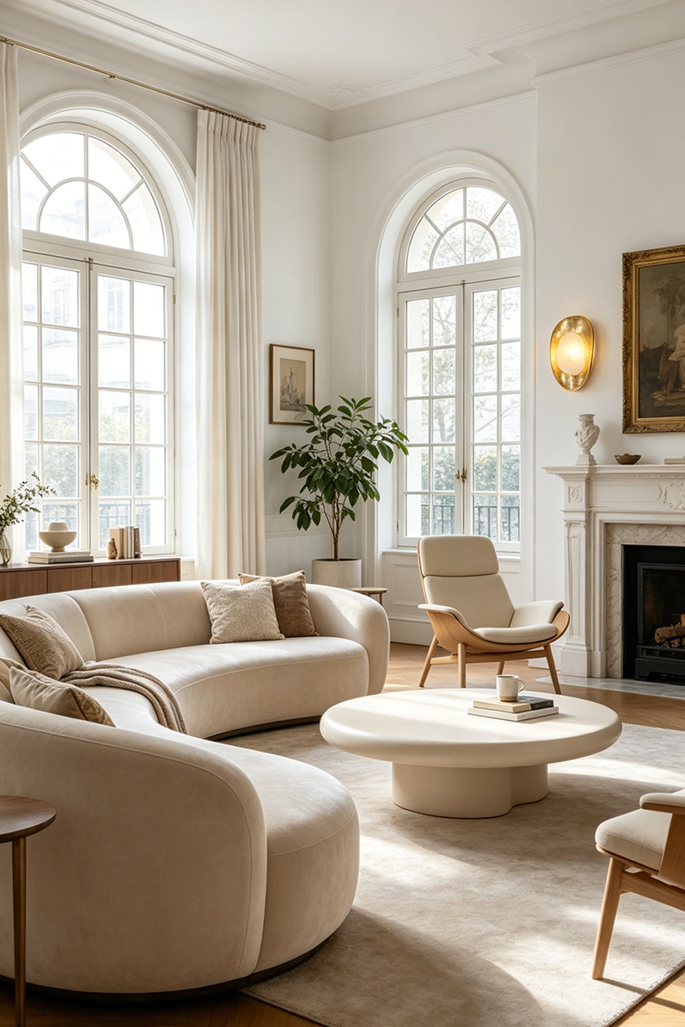 Caeliform Aurelia Alabaster Wall Lamp | Alabaster, Brass | Accent lighting on a textured wall between large, arched windows in an elegant, light-filled living room | Samu Lamp