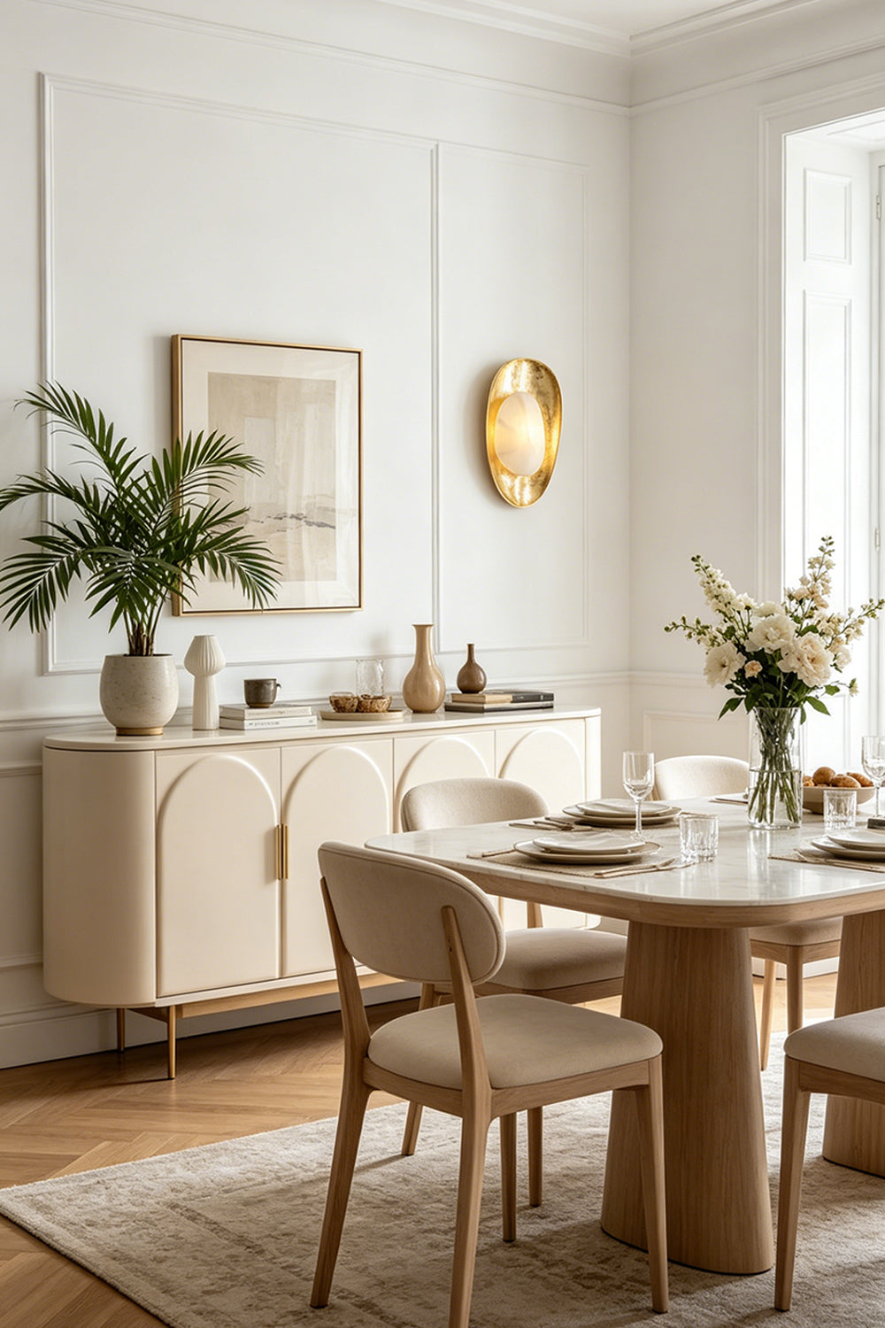 Caeliform Aurelia Alabaster Wall Lamp | Alabaster, Brass | Placed above a modern sideboard opposite a chic dining set, contributing to a contemporary luxury aesthetic | Samu Lamp