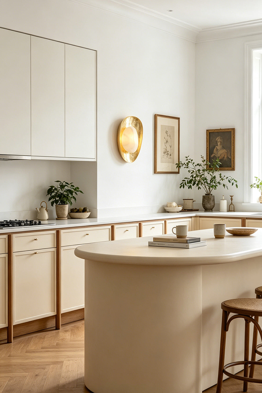 Caeliform Aurelia Alabaster Wall Lamp | Alabaster, Brass | Accent lighting on a kitchen wall above a curving modern kitchen island and bar stools | Samu Lamp