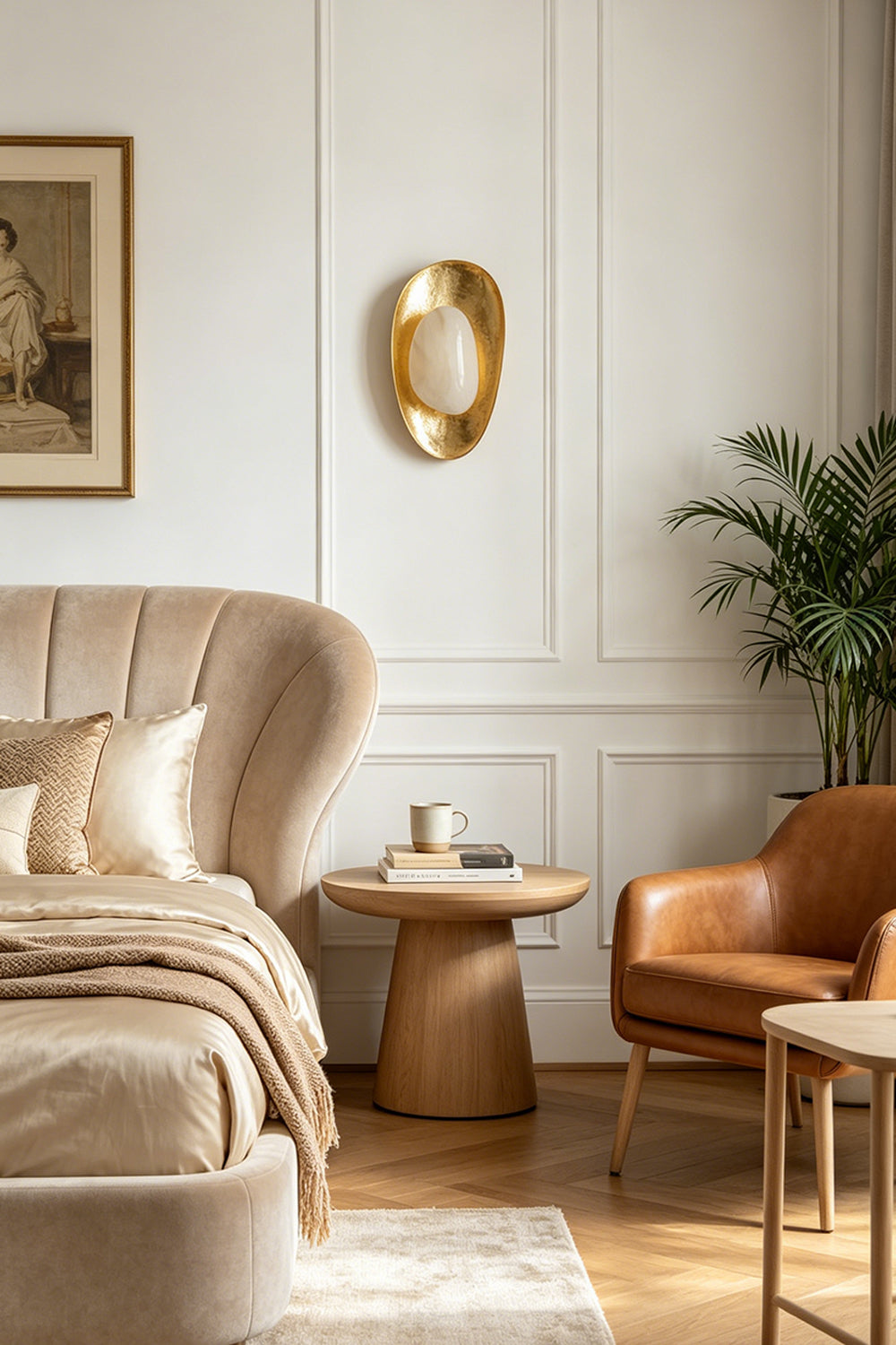 Caeliform Aurelia Alabaster Wall Lamp | Alabaster, Brass | Mounted on a panelled wall section above a tufted headboard, providing warm accent lighting in a serene bedroom | Samu Lamp