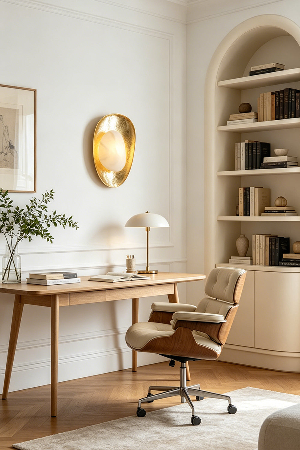 Caeliform Aurelia Alabaster Wall Lamp | Alabaster, Brass | Positioned on a white wall above a sleek wooden desk and home office setup, next to a curved arch bookshelf | Samu Lamp