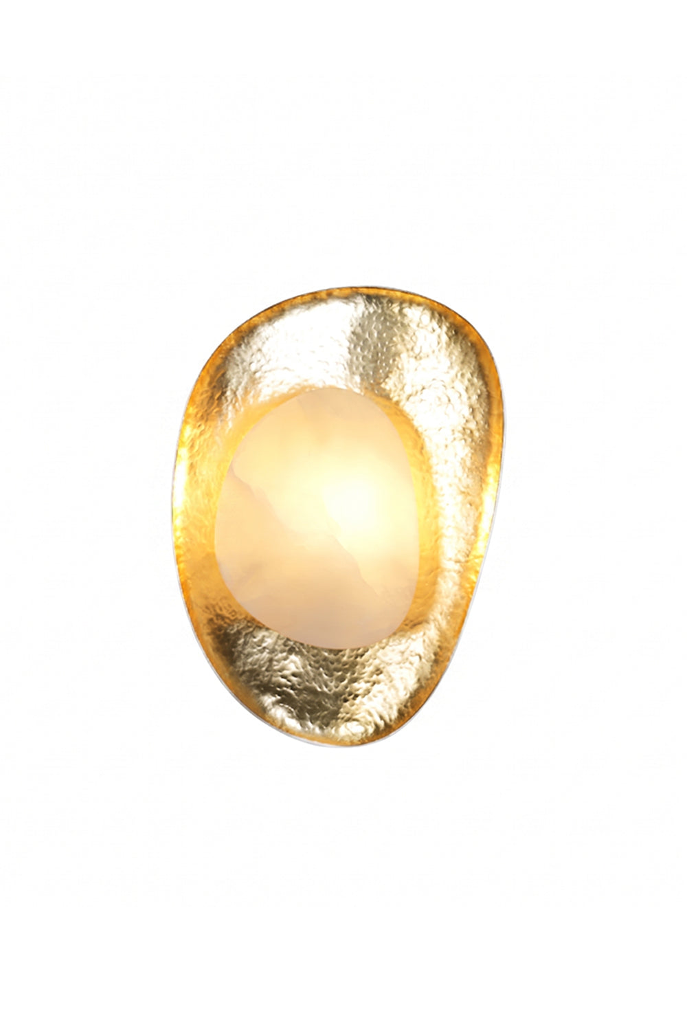 Caeliform Aurelia Alabaster Wall Lamp | Alabaster, Brass | Irregular hand-pounded gold brass frame holding a glowing central alabaster shade | Isolated lit product shot on white background | Samu Lamp