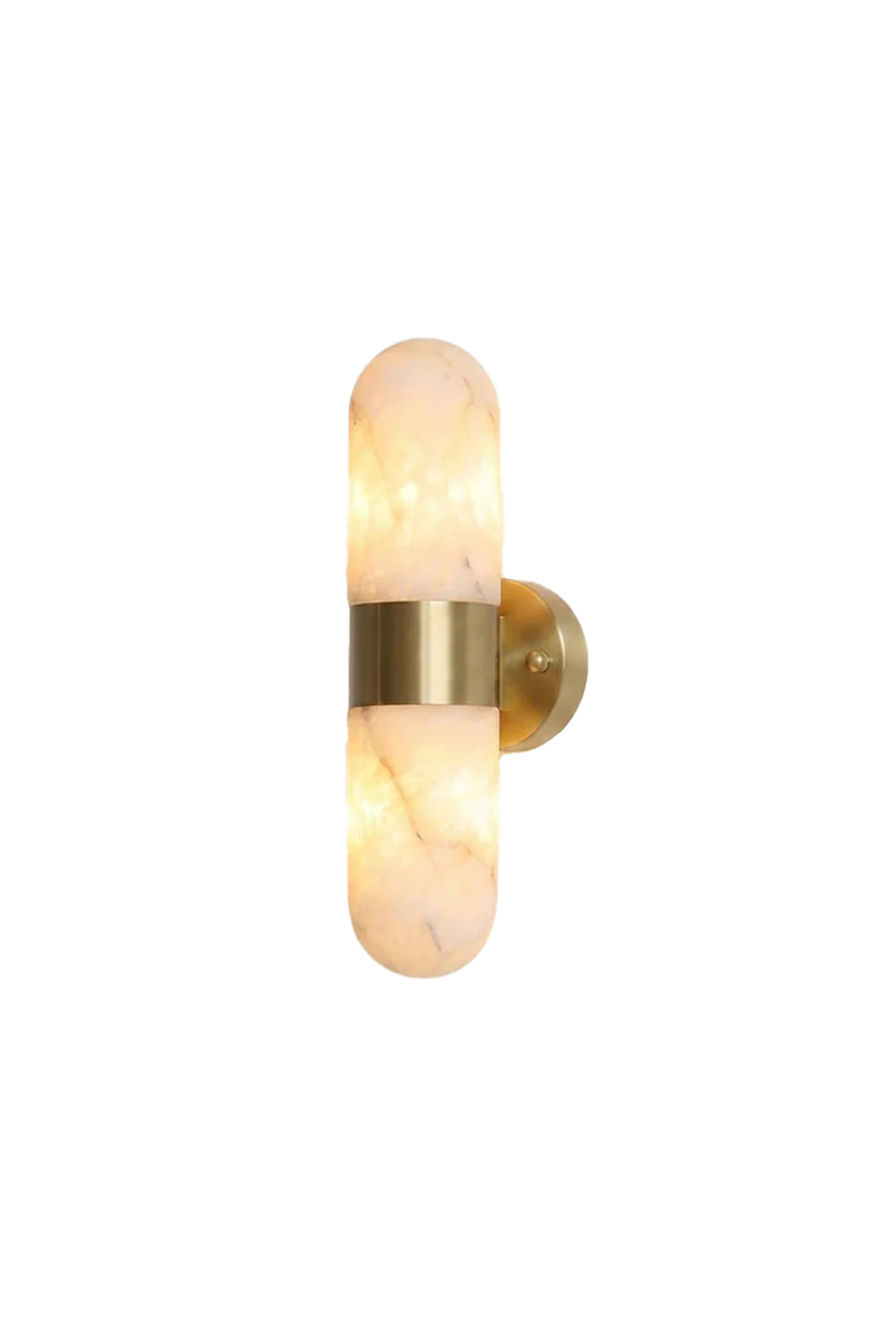 Calla Alabaster Capsule Wall Sconce | Alabaster, Brass | Isolated lit view of a modern capsule-shaped wall sconce featuring a natural white alabaster stone shade and a central brushed gold brass band | White background | Samu Lamp