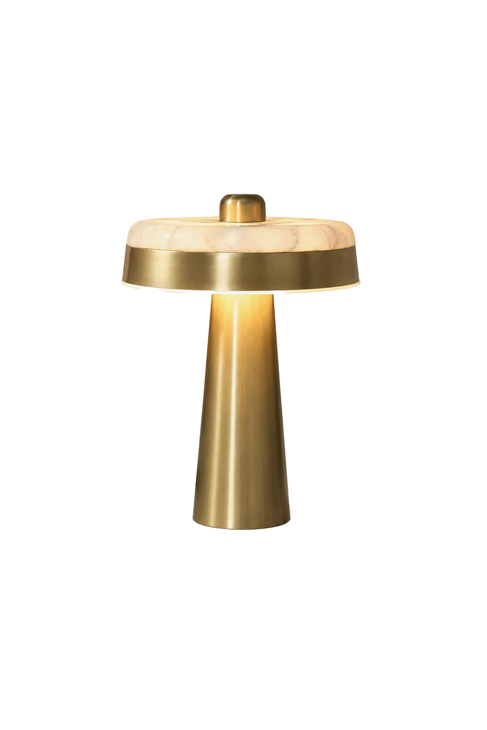 Callista Alabaster Disc Table Lamp | Alabaster, Brass | Isolated lit view of a modern mushroom-style table lamp featuring a translucent white alabaster stone disc shade with a thick brushed gold brass trim band and a tapered cylindrical column base | White background | Samu Lamp