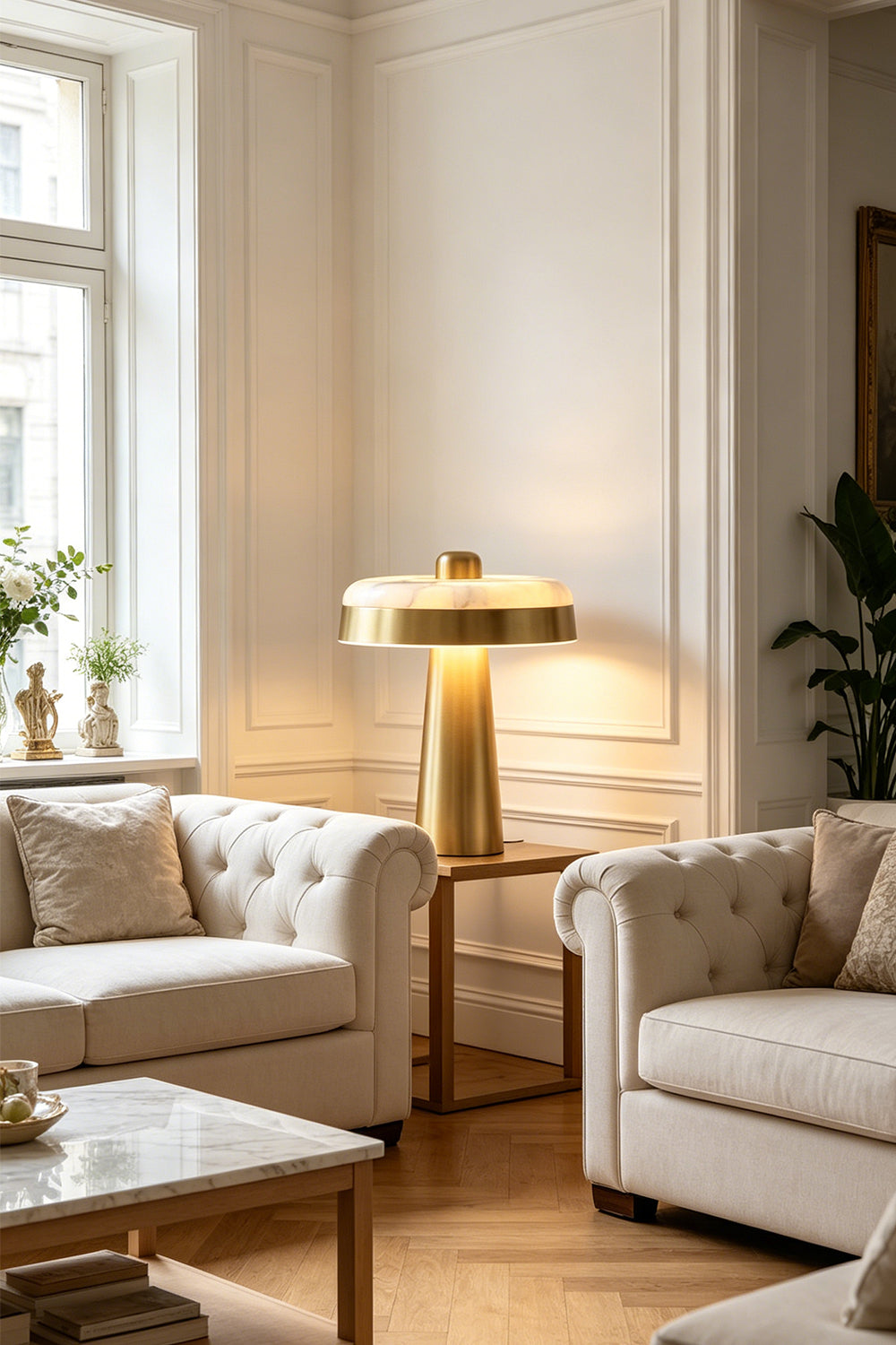 Callista Alabaster Disc Table Lamp | Living Room Decor | Standing fully lit on an elegant side table positioned between two luxury cream upholstered sofas in a classical living room layout | Samu Lamp