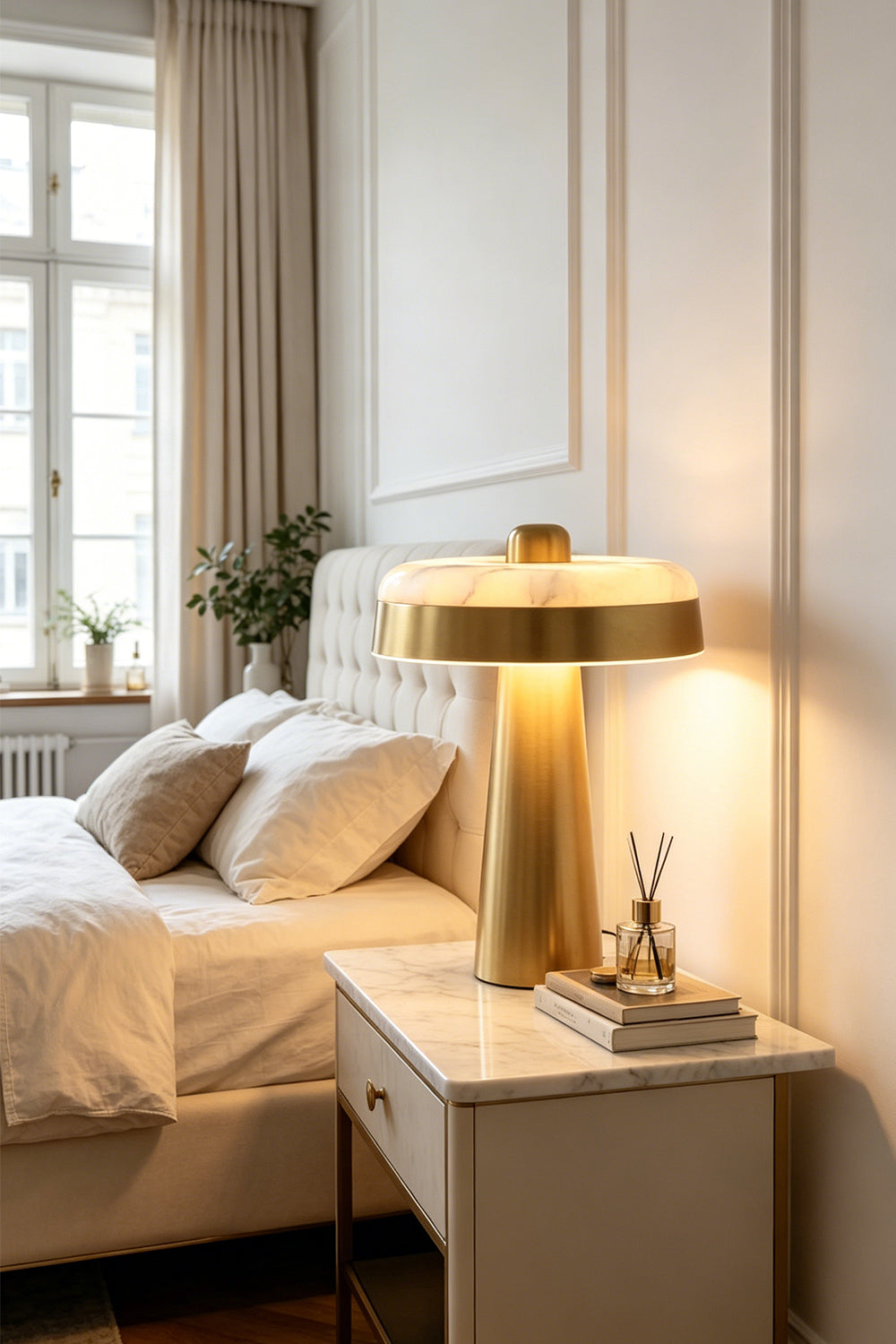 Callista Alabaster Disc Table Lamp | Bedroom Bedside Light | Providing a warm ambient glow on a white nightstand next to a luxury platform bed with plush neutral linens | Samu Lamp