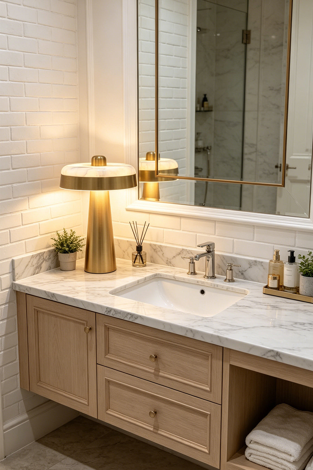 Callista Alabaster Disc Table Lamp | Bathroom Vanity Sconce | Staged beautifully on a light wood vanity countertop next to a white marble under-mount sink and large mirror | Samu Lamp