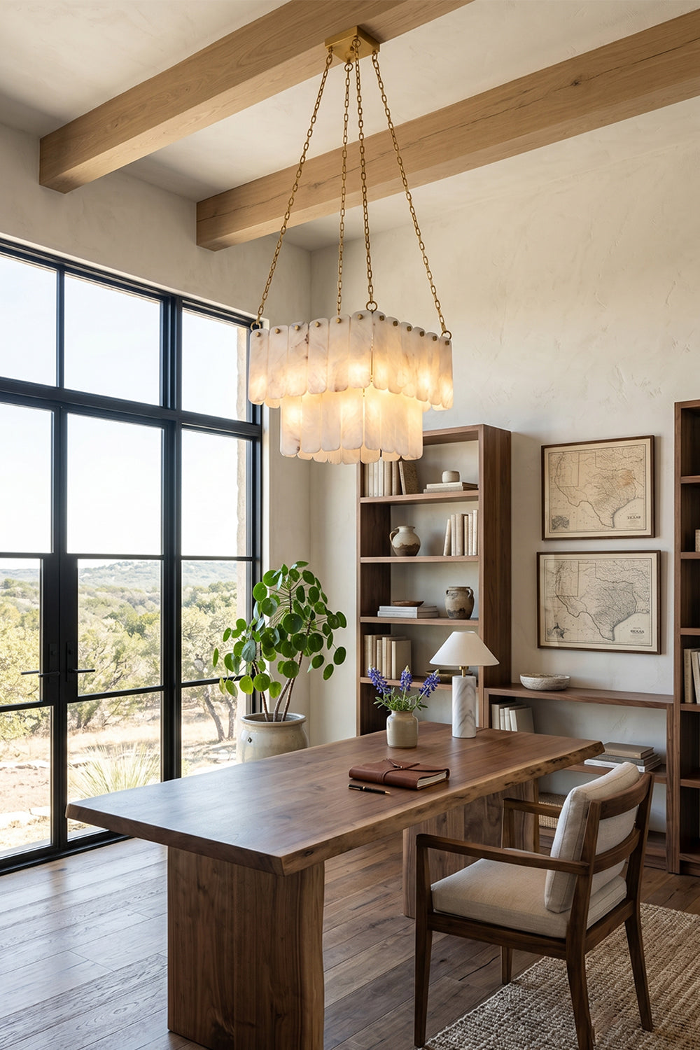 Callista Tiered Alabaster Chandelier | Alabaster, Metal | Providing refined overhead illumination in a bright contemporary study room above a long oak writing table with grid windows | Samu Lamp