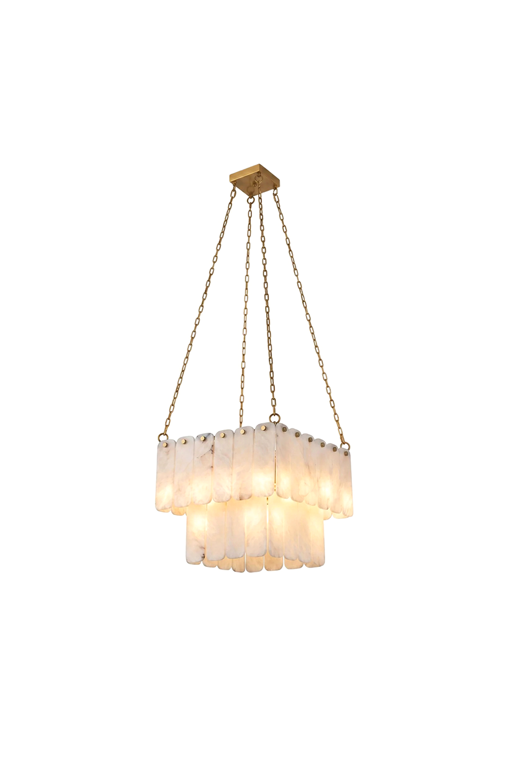 Callista Tiered Alabaster Chandelier | Alabaster, Metal | Isolated lit view of a luxurious modern rectangular tiered chandelier featuring translucent white alabaster stone panels suspended by four gold chains from a brass canopy | White background | Samu Lamp