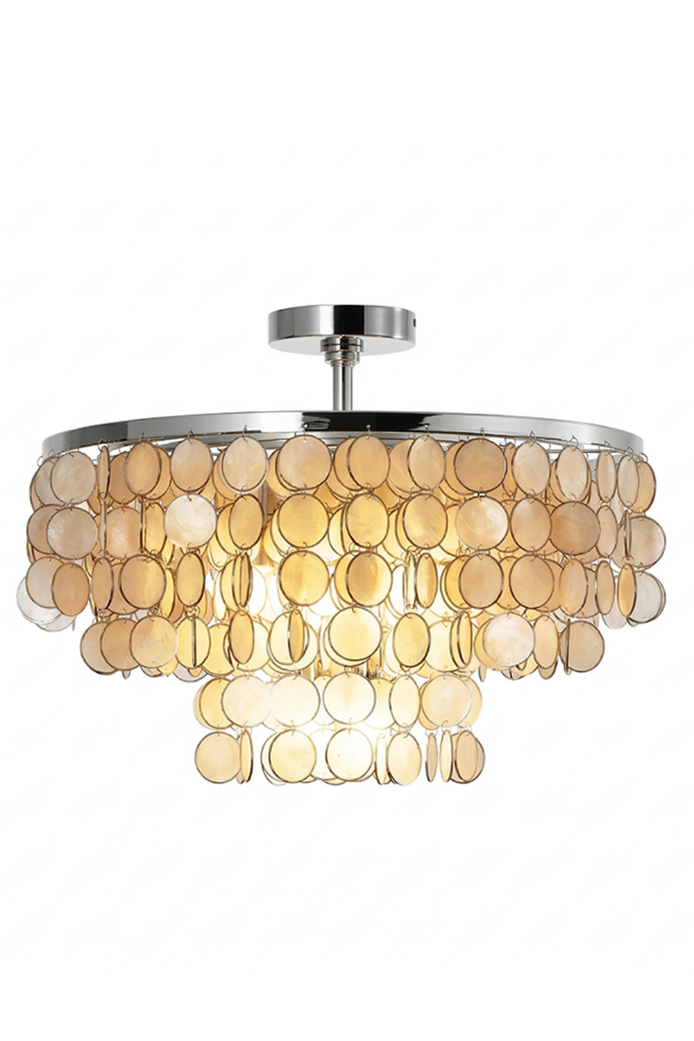 Tiered Capiz shell disc ceiling light with chrome frame | Shell | Iron | Lit front view on white background | Samu Lamp