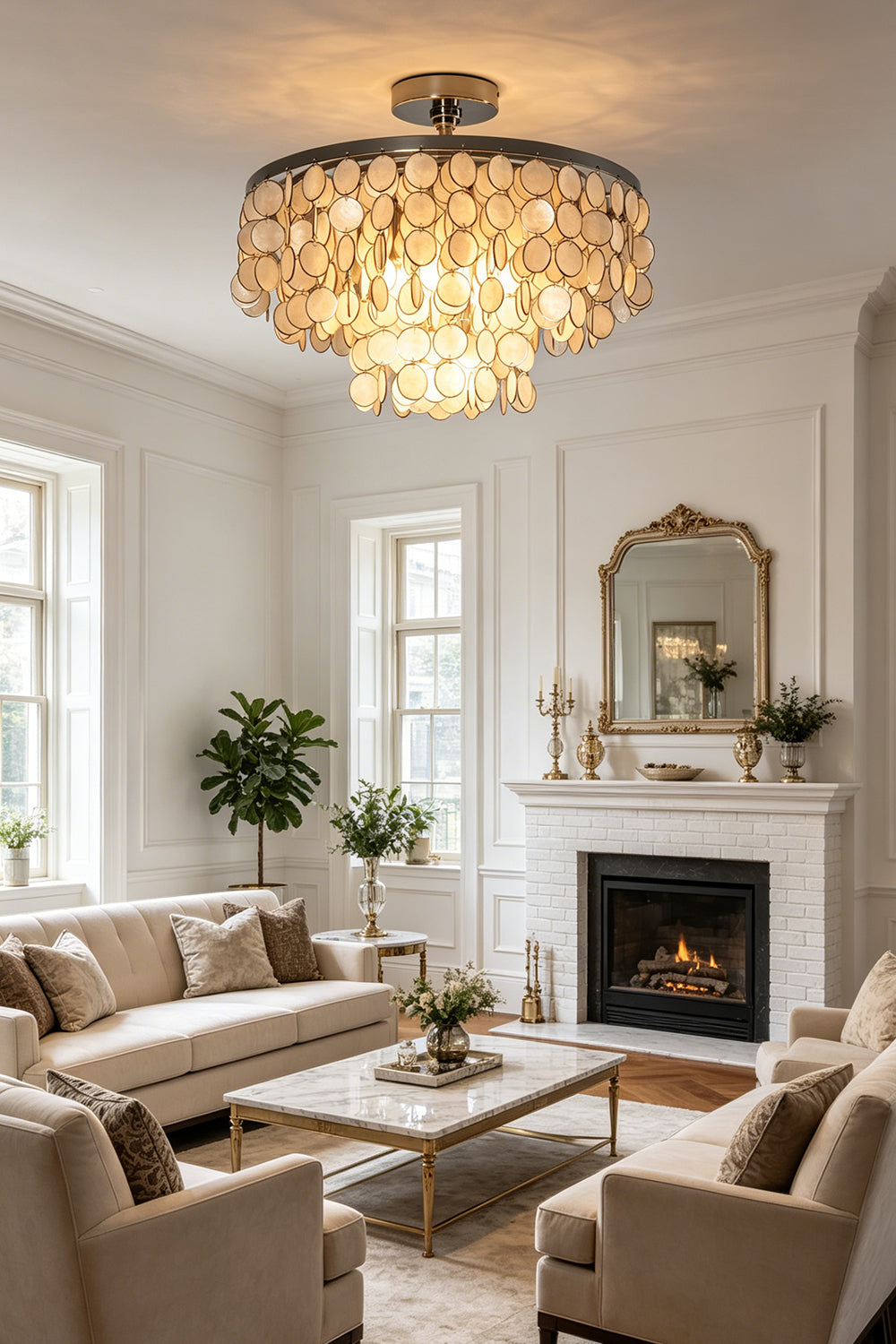 Modern Capiz shell flush mount light | Shell | Iron | Installed in a classic living room with white fireplace | Samu Lamp