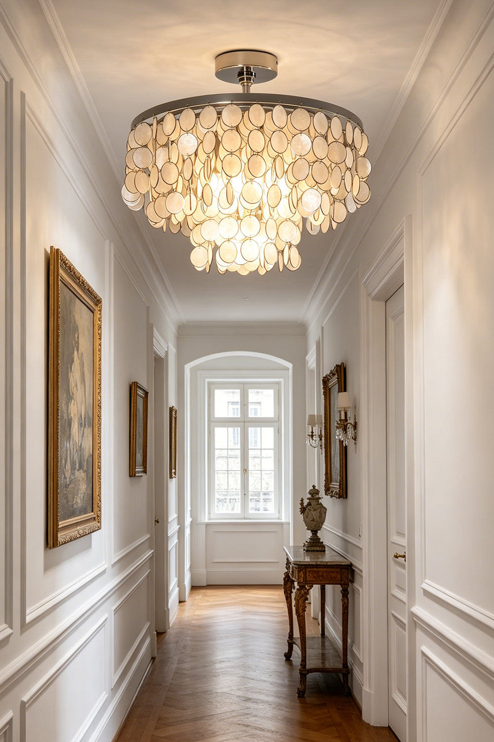 Capiz shell ceiling light for hallway | Shell | Iron | Installed in a sophisticated corridor with wall molding | Samu Lamp