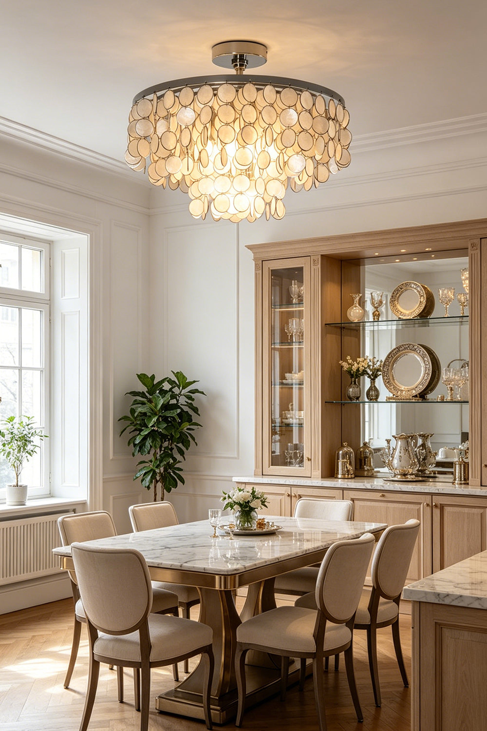 Round shell disc flush mount light | Shell | Iron | Centered in a traditional dining room with wooden table | Samu Lamp