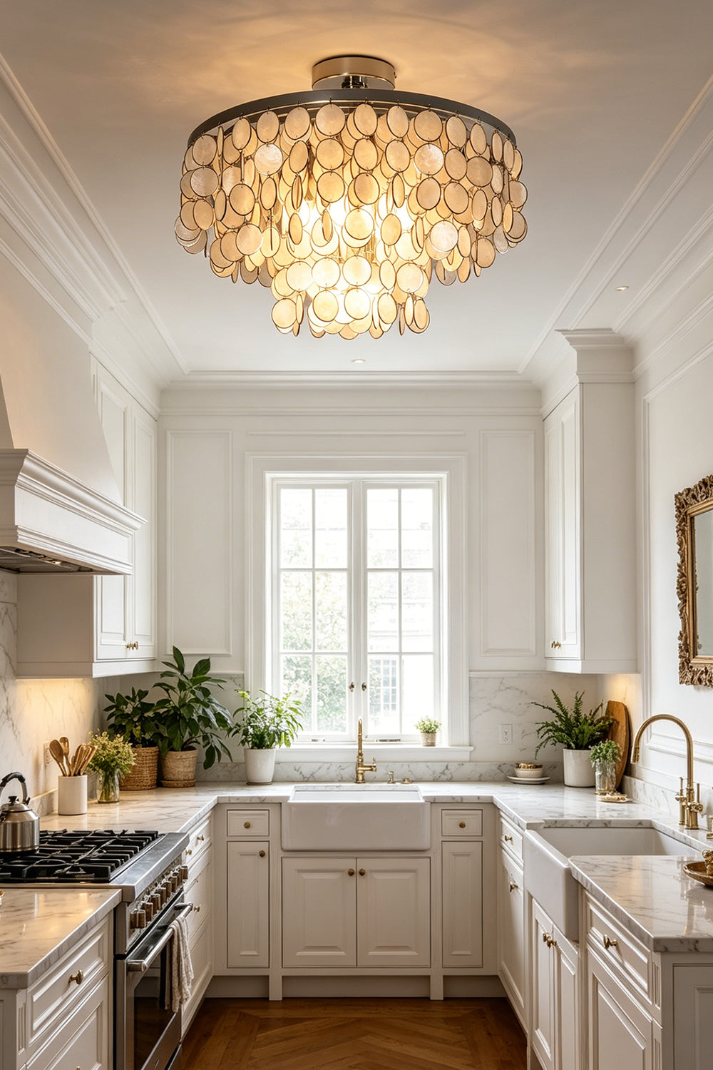 Capiz shell disc ceiling lamp | Shell | Iron | Installed in a bright kitchen with white cabinetry and island | Samu Lamp