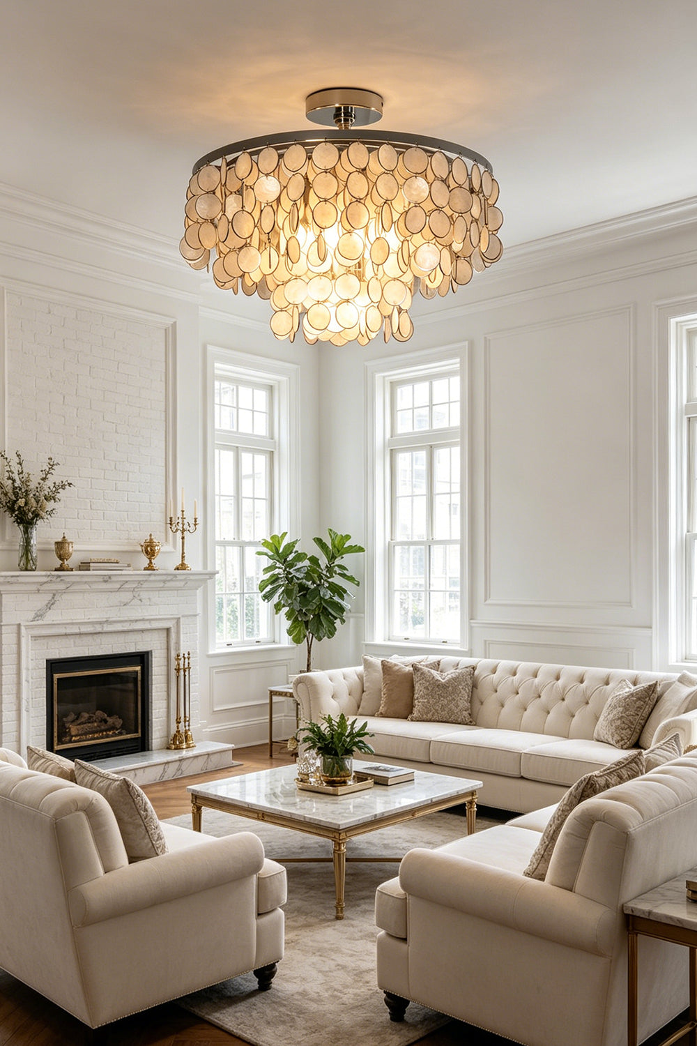 Shimmering shell disc ceiling fixture | Shell | Iron | Interior scene showing living area with classic furniture | Samu Lamp