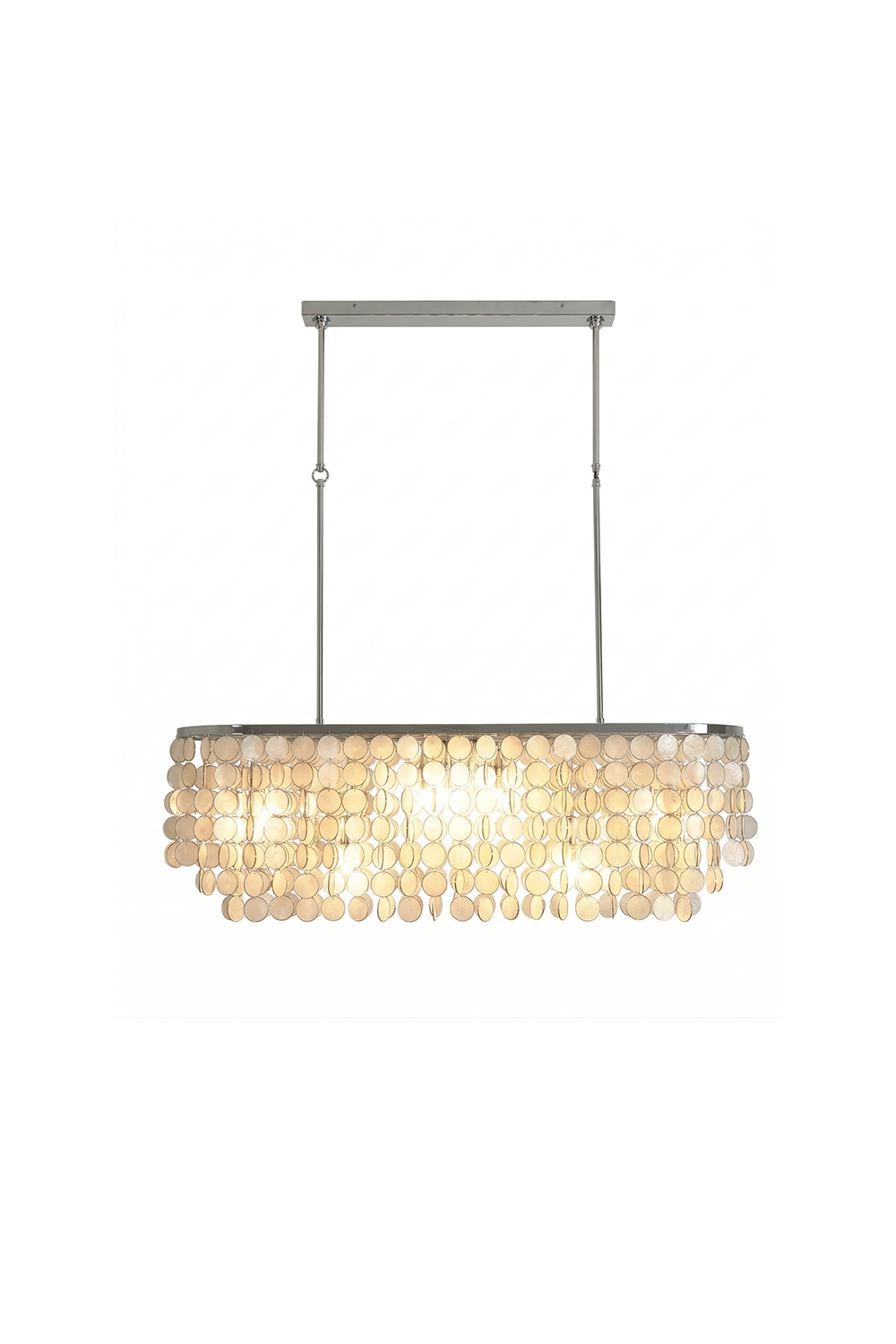Unlit Capiz shell elongated chandelier | Iron | Shell | Front view isolated on white background | Samu Lamp
