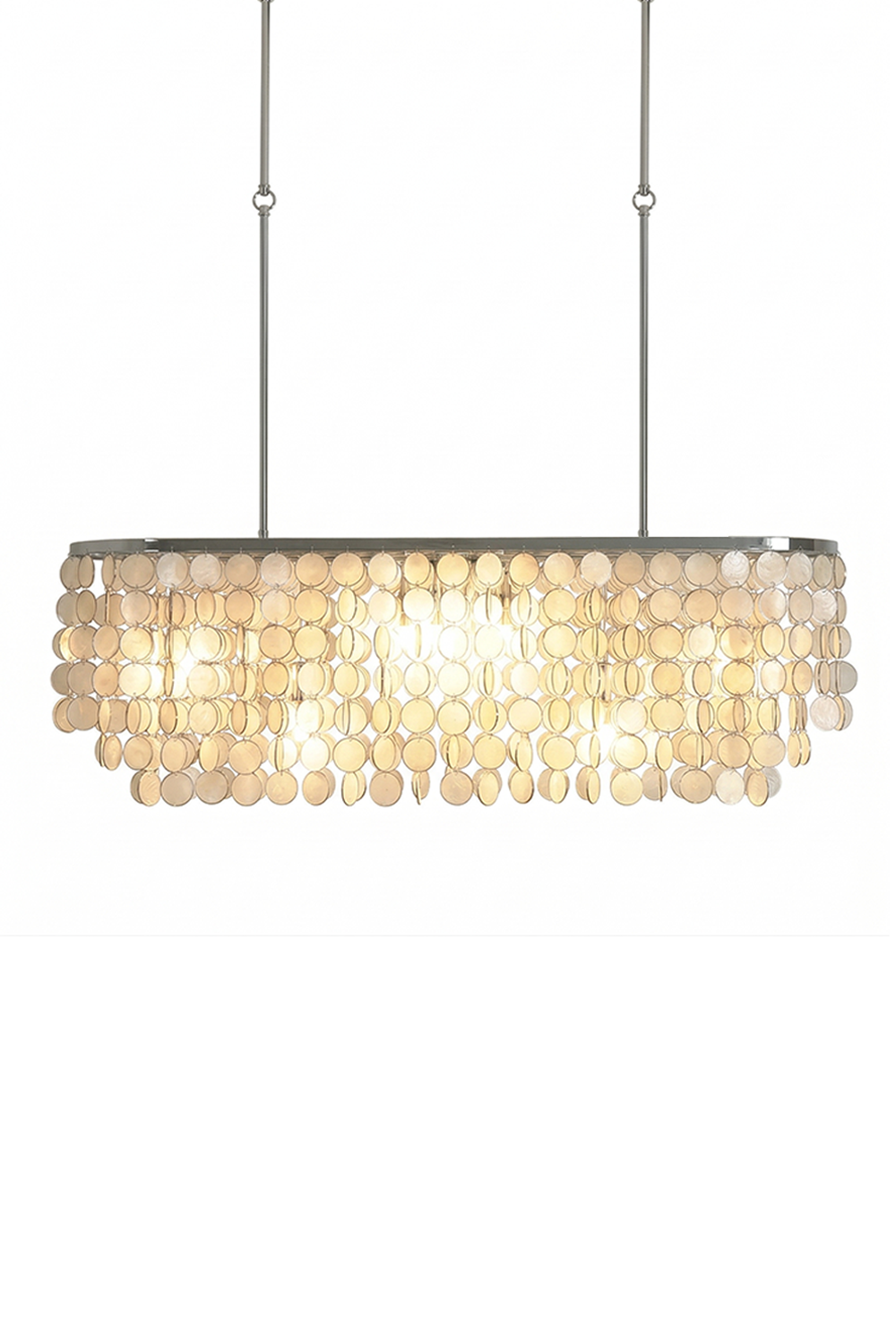 Elongated oval Capiz shell chandelier with chrome frame | Iron | Shell | Lit front view isolated on white background | Samu Lamp
