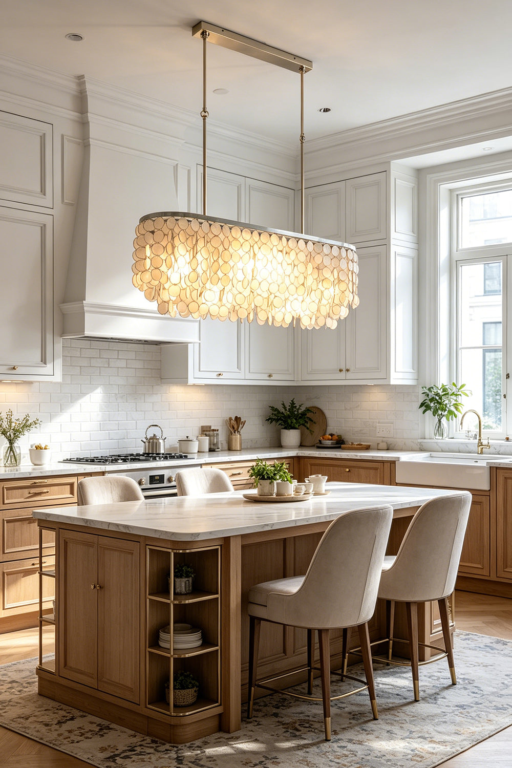 Linear Capiz shell pendant light | Iron | Shell | Installed over a wooden kitchen island with white chairs | Samu Lamp