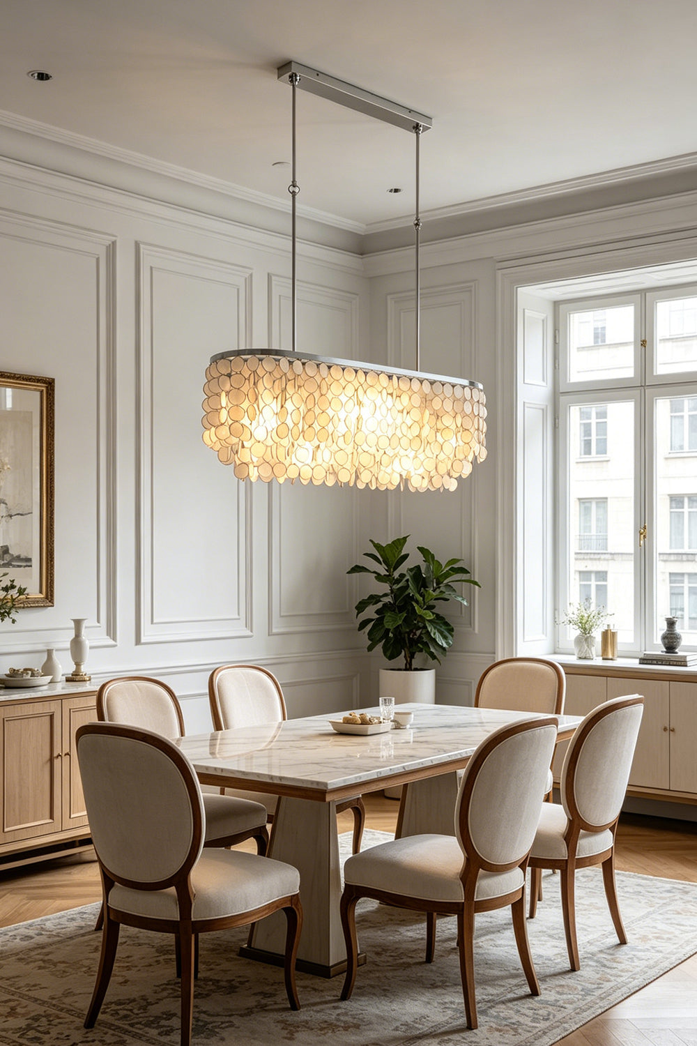 Coastal style elongated shell chandelier | Iron | Shell | Centered over a long wooden dining table in a bright room | Samu Lamp