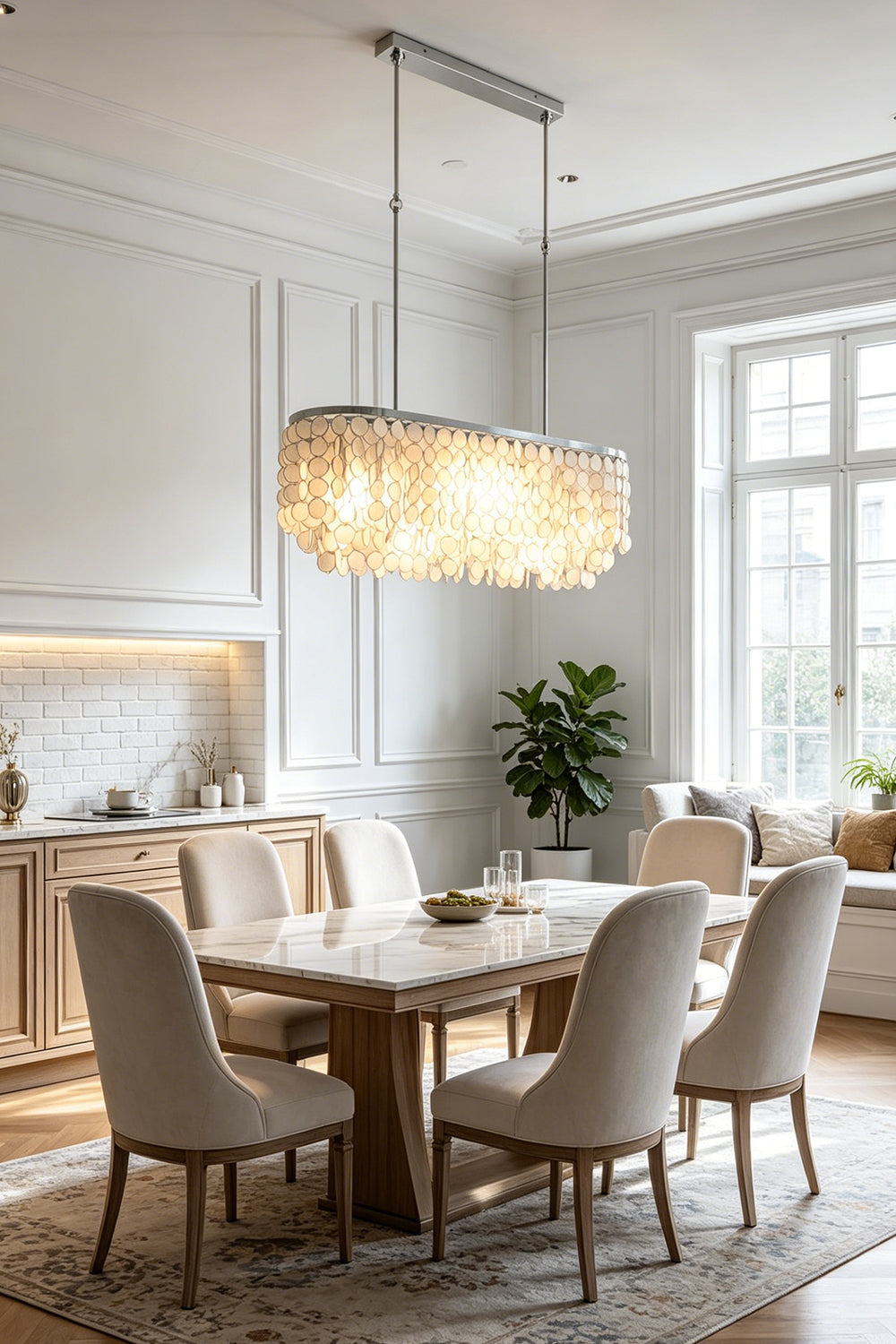Elegant Capiz shell linear chandelier | Iron | Shell | Dining room interior with neutral tones and classic furniture | Samu Lamp