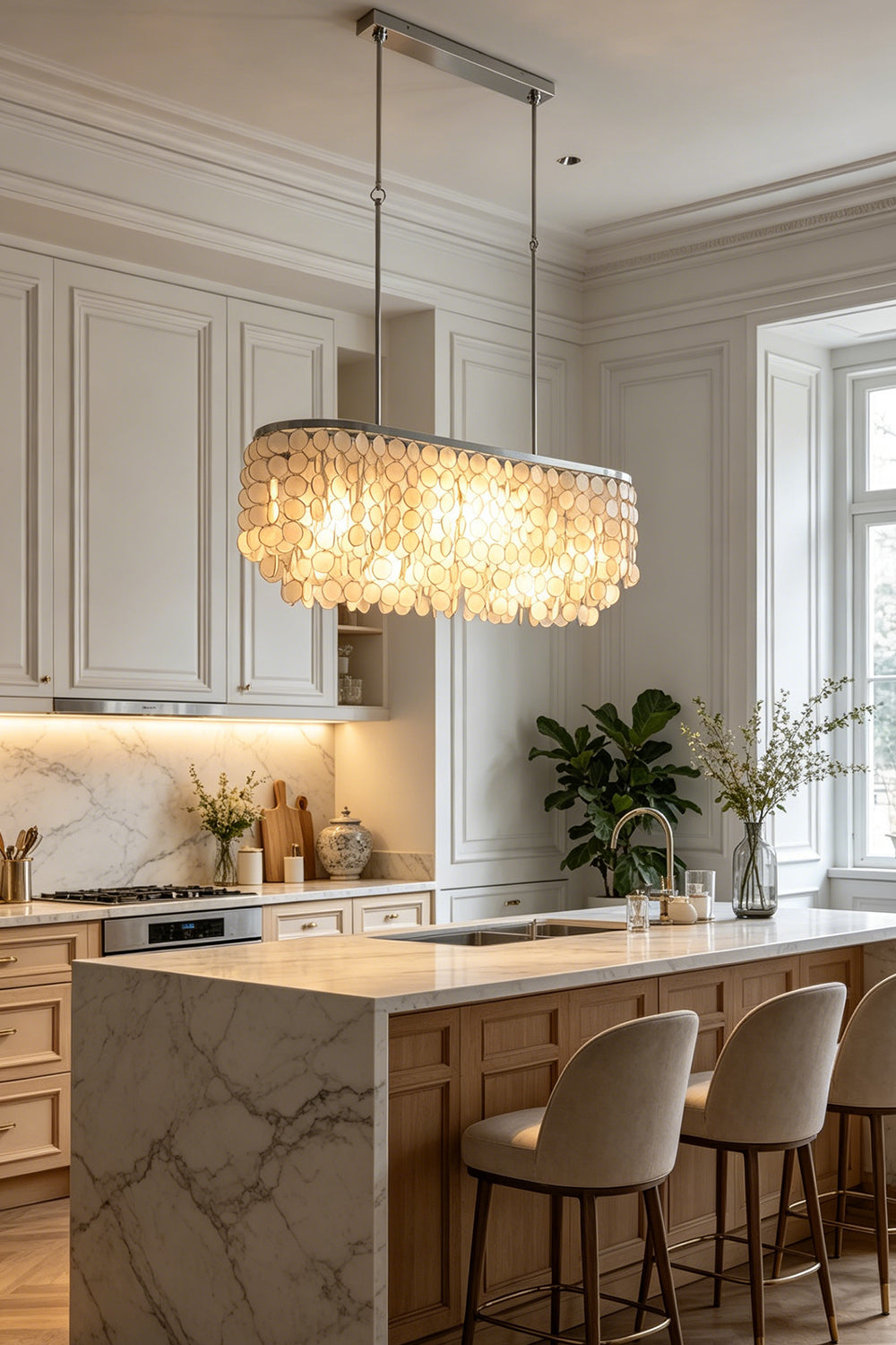 Decorative linear shell lighting | Iron | Shell | Kitchen scene featuring marble countertops and sunlight | Samu Lamp