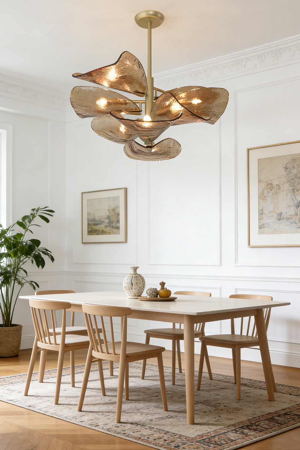 Elegant textured glass wave pendant light | Metal, Glass | Centered over a wooden dining table with chairs | Samu Lamp