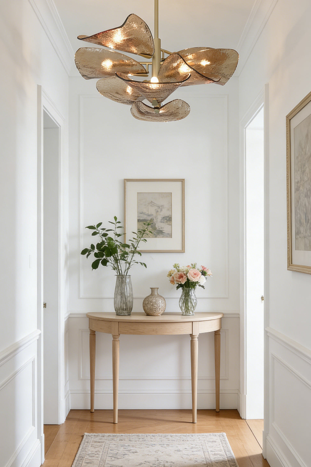 Cardiff Textured Wave Chandelier | Metal, Glass | Hanging in a bright hallway corridor over a console table | Samu Lamp