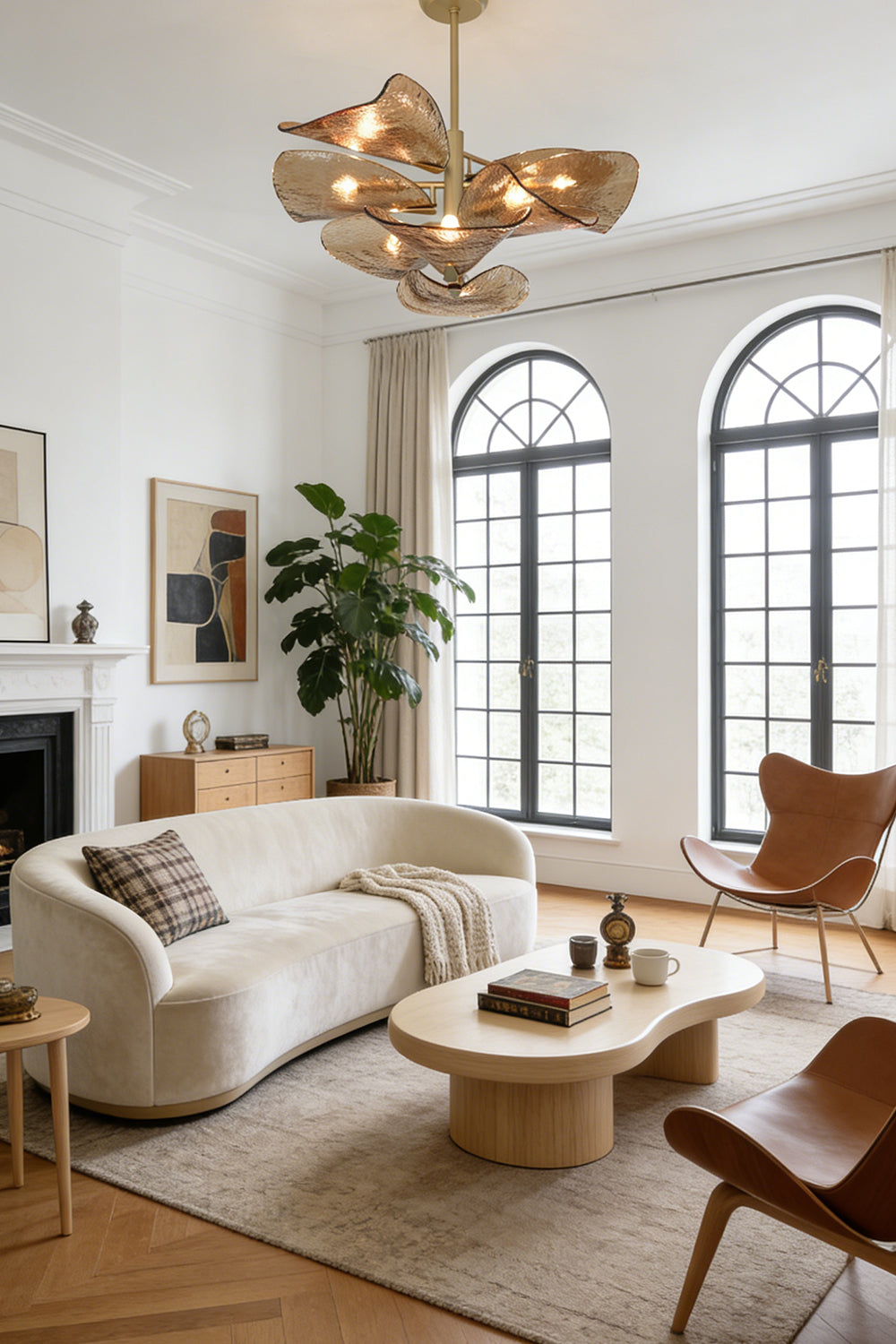 Large wavy textured glass chandelier | Metal, Glass | Installed in a spacious living room with arched windows | Samu Lamp