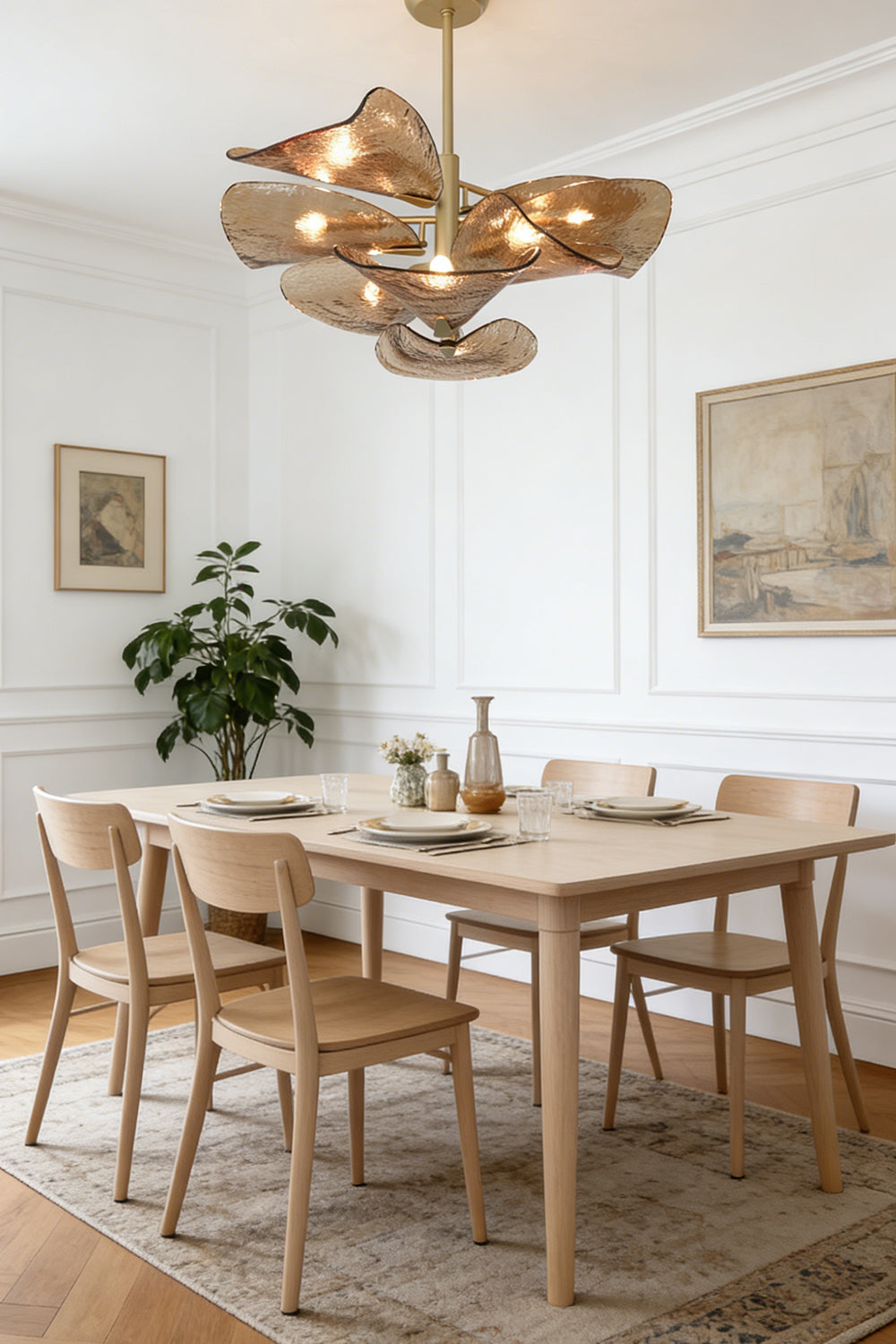 Cardiff Textured Wave Chandelier | Metal, Glass | Perspective view in a traditional dining room setting | Samu Lamp