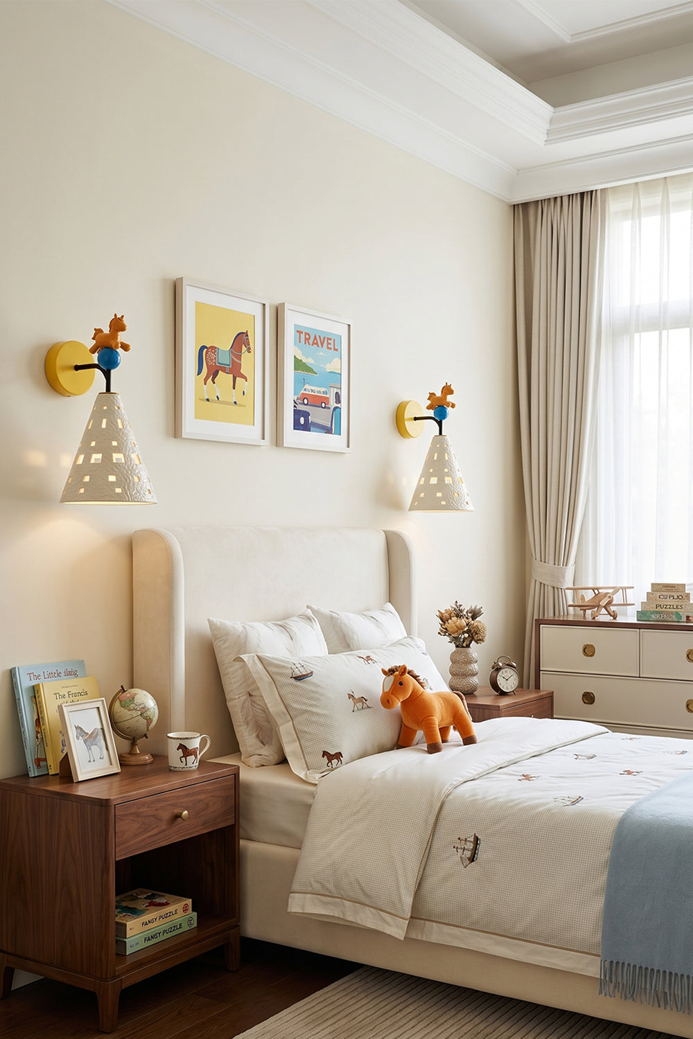 Carousel Horizon Ceramic Wall Sconce | Metal, Resin, Ceramics | Mounted as bedside lighting in a charming children's bedroom with colorful artwork and cozy textiles | Samu Lamp