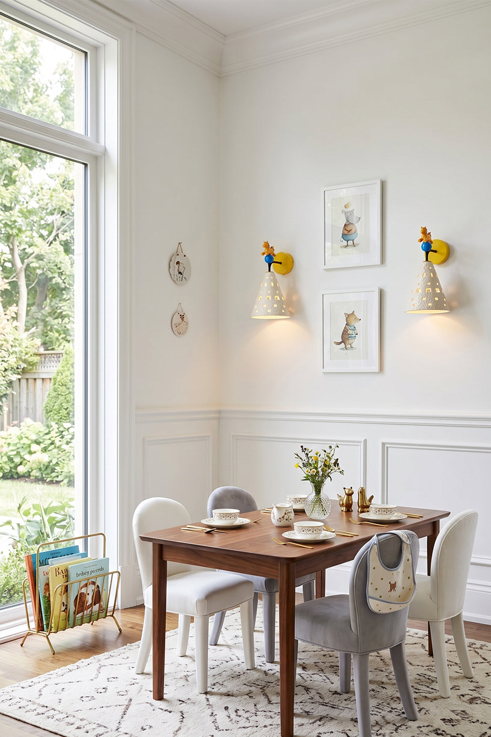 Carousel Horizon Ceramic Wall Sconce | Metal, Resin, Ceramics | Symmetrically placed on the wall in a playful children's dining and activity room with small wooden furniture | Samu Lamp