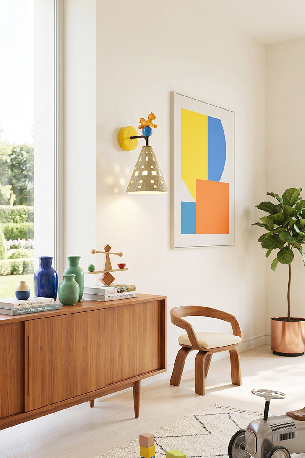 Carousel Horizon Ceramic Wall Sconce | Metal, Resin, Ceramics | Mounted above a modern wooden sideboard next to vibrant geometric abstract art and a curved wooden chair | Samu Lamp