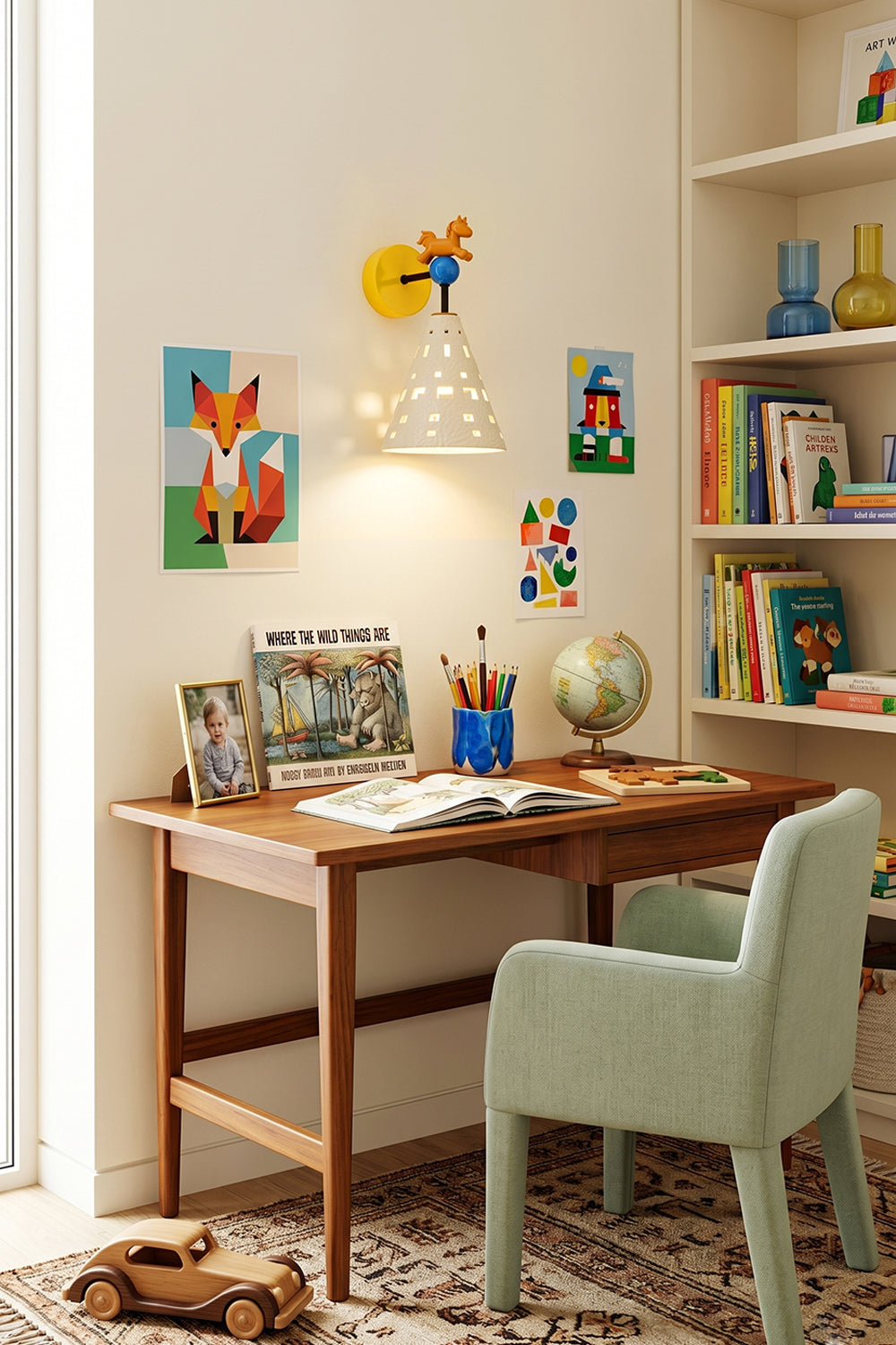Carousel Horizon Ceramic Wall Sconce | Metal, Resin, Ceramics | Providing light over a child's wooden study desk and a green armchair in a bright playroom | Samu Lamp