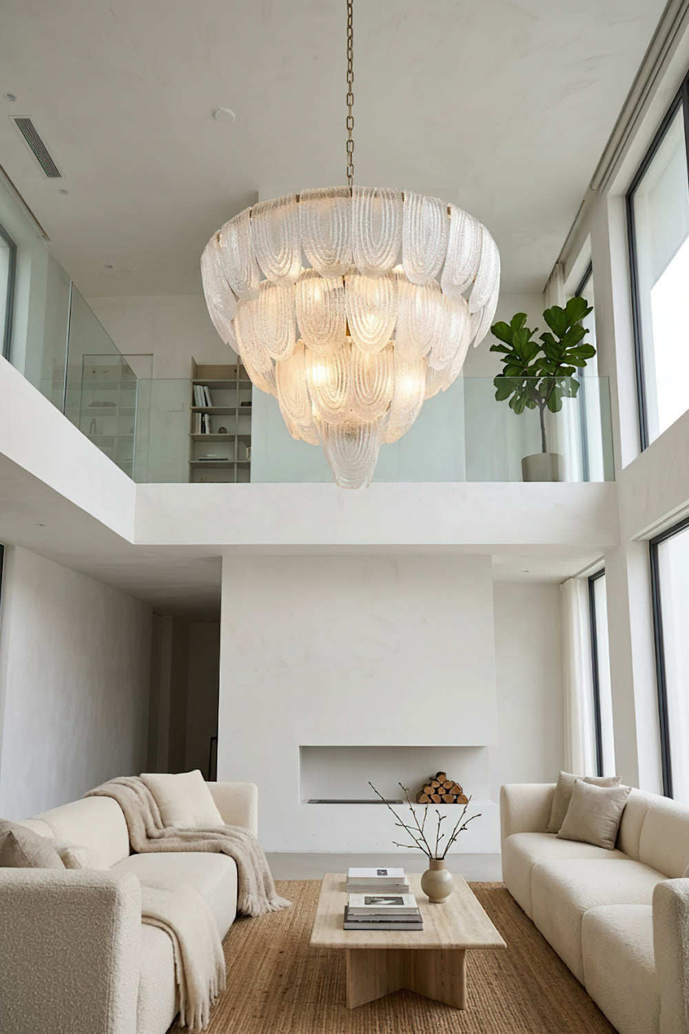 Tiered glass petal pendant lamp in spacious interior | Metal, Glass | Living room scene with large windows and white sofas | Samu Lamp