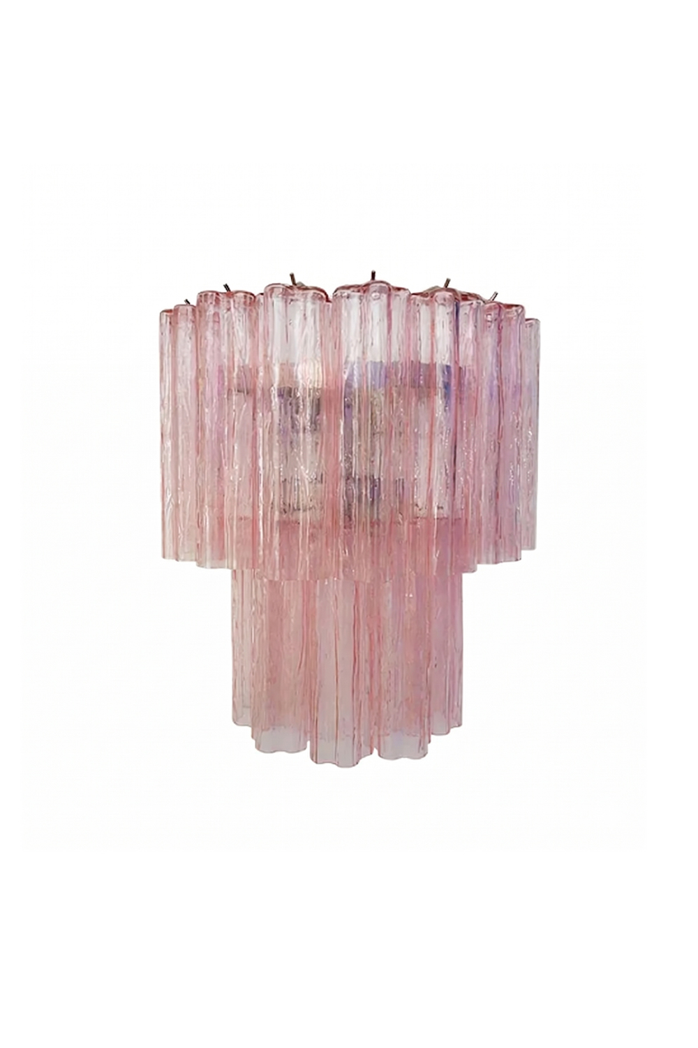 Cascading Prism Pink Glass Wall Light | Glass, Metal | Two-tier pink rippled glass prisms in a tiered waterfall design | Isolated lit product shot on white background | Samu Lamp Cascading Prism