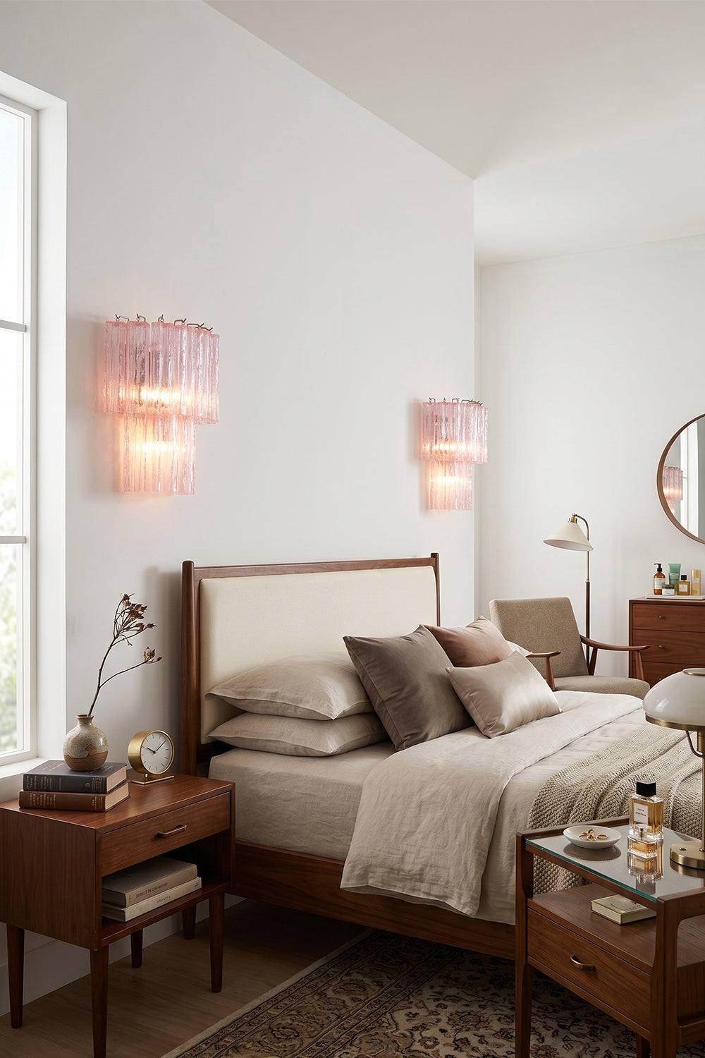 Cascading Prism Pink Glass Wall Light | Glass, Metal | Symmetrically placed as bedside lighting in a cozy, modern bedroom | Samu Lamp Cascading Prism