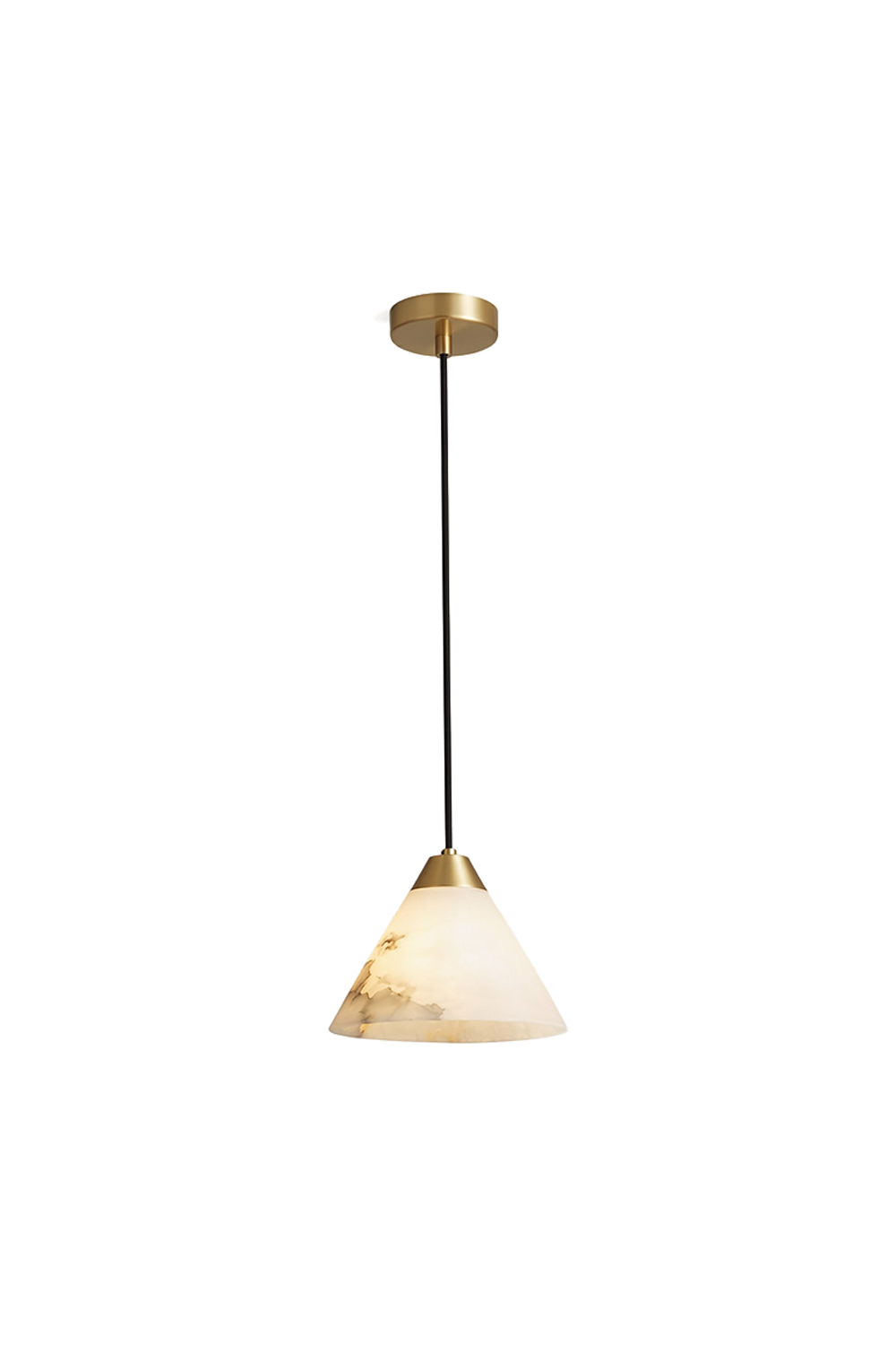 Caspian Conical Alabaster Pendant Light | Natural Alabaster and Brass | Full product view isolated on a pure white background showing the illuminated cone-shaped stone shade | Samu Lamp